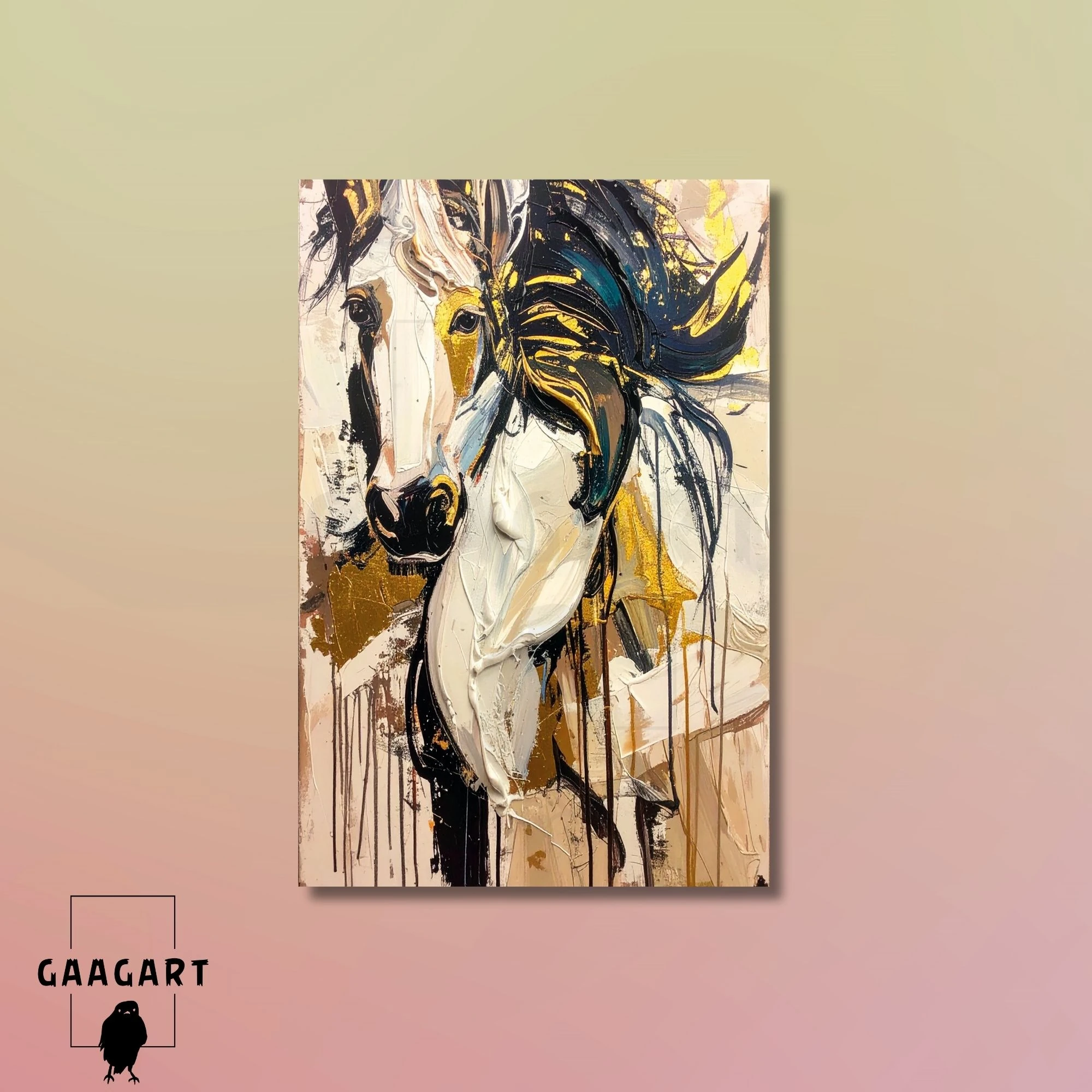 Tekli Dikey Kanvas Tablo Soyut Yağlı Boya Görünümlü Sanatsal At Portresi
