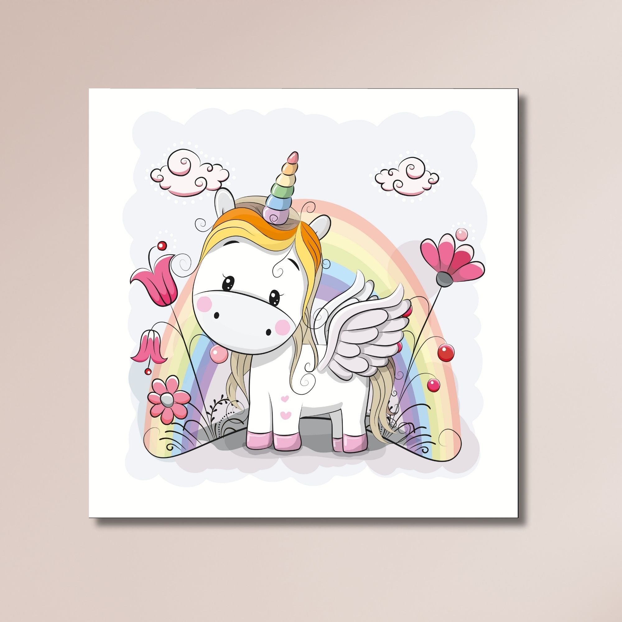 Tekli Kare Kanvas Kız Çocuk Odası Gökkuşağı ve Unicorn Tablo