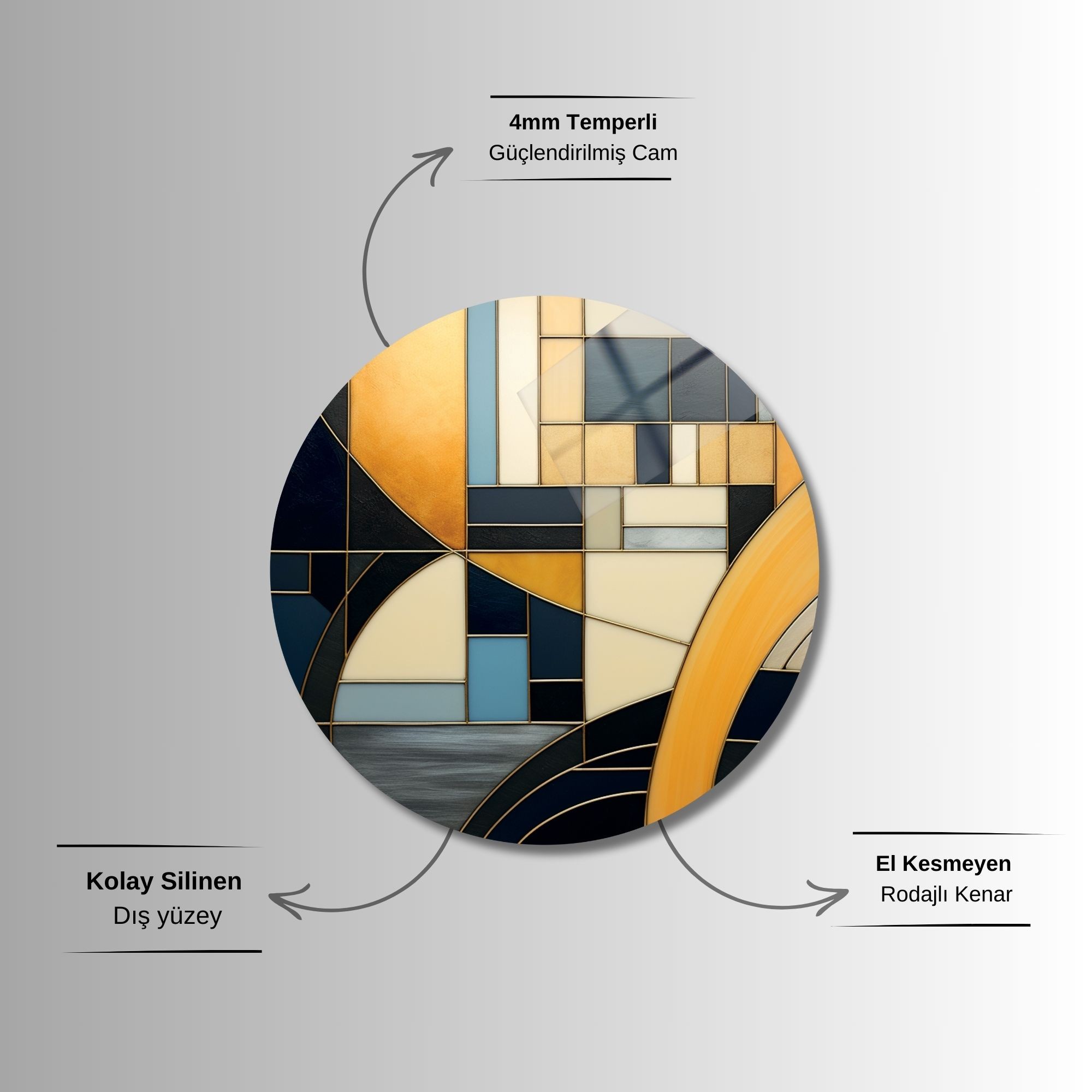 Yuvarlak Temperli Gerçek Cam Tablo Sarı Siyah Soyut Tasarım
