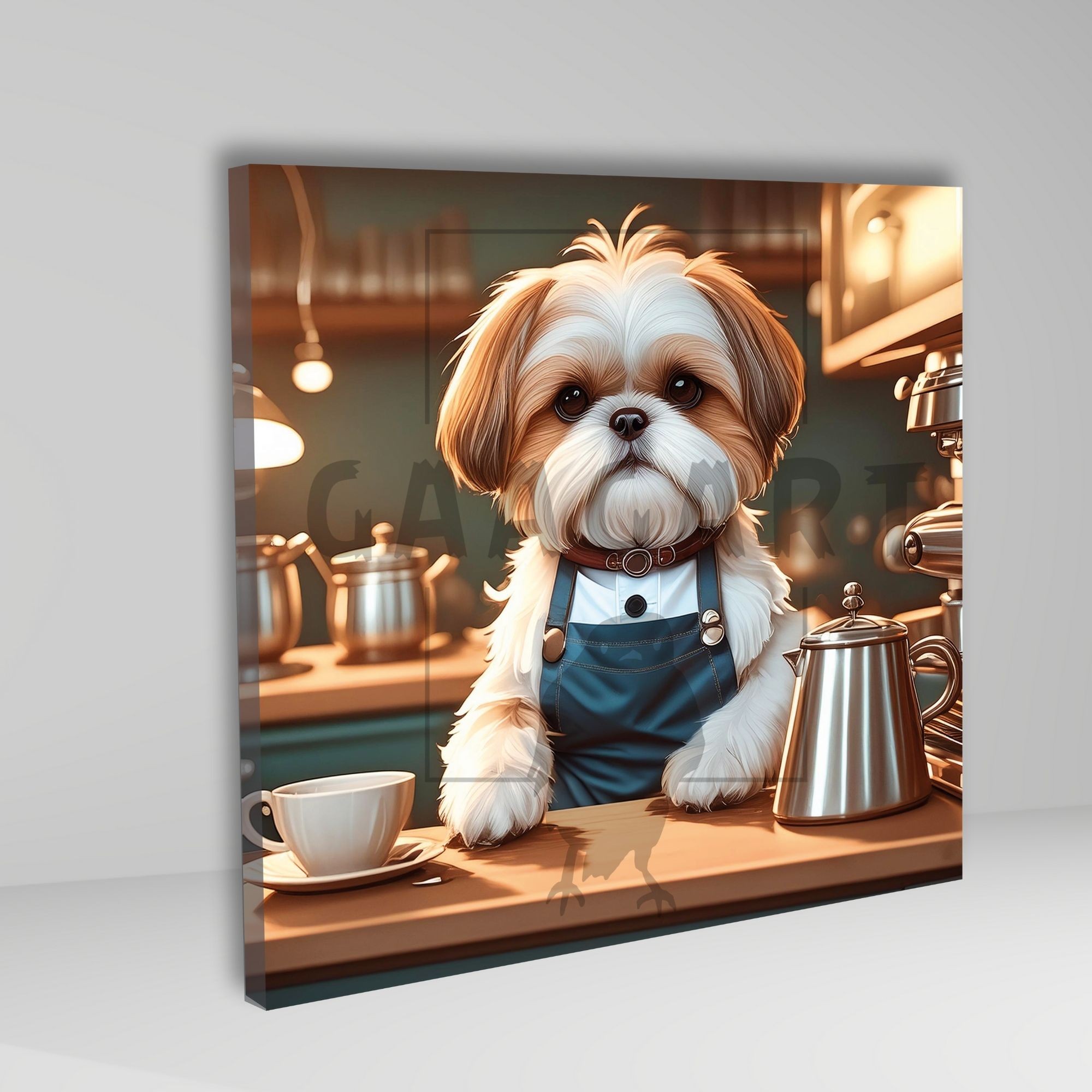 Kare Kanvas Kahve Köşesi Cafe Tablosu Barista Shih Tzu Köpek