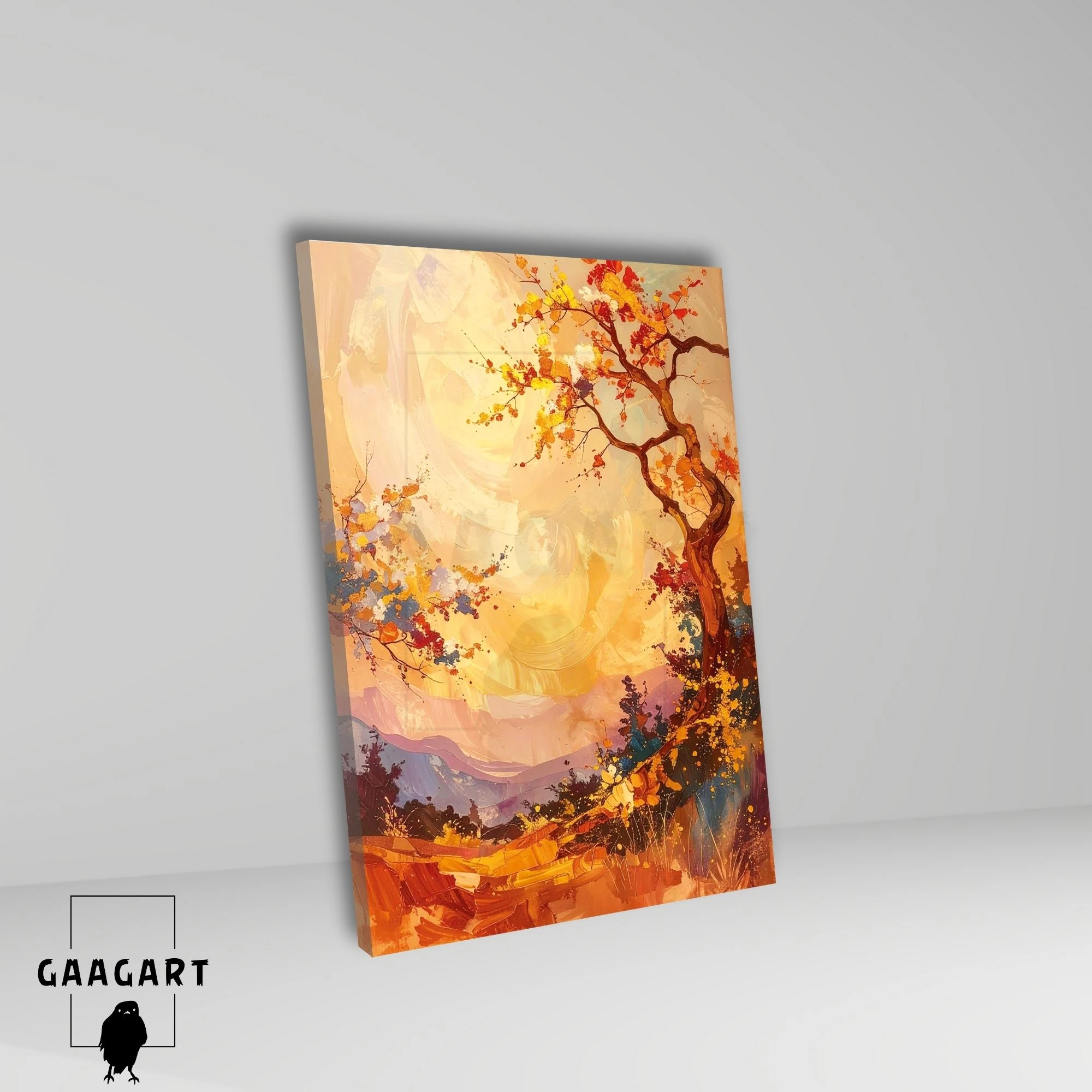 Tekli Dikey Kanvas Tablo Gün Batımı Renklerinde Ağaç Manzara