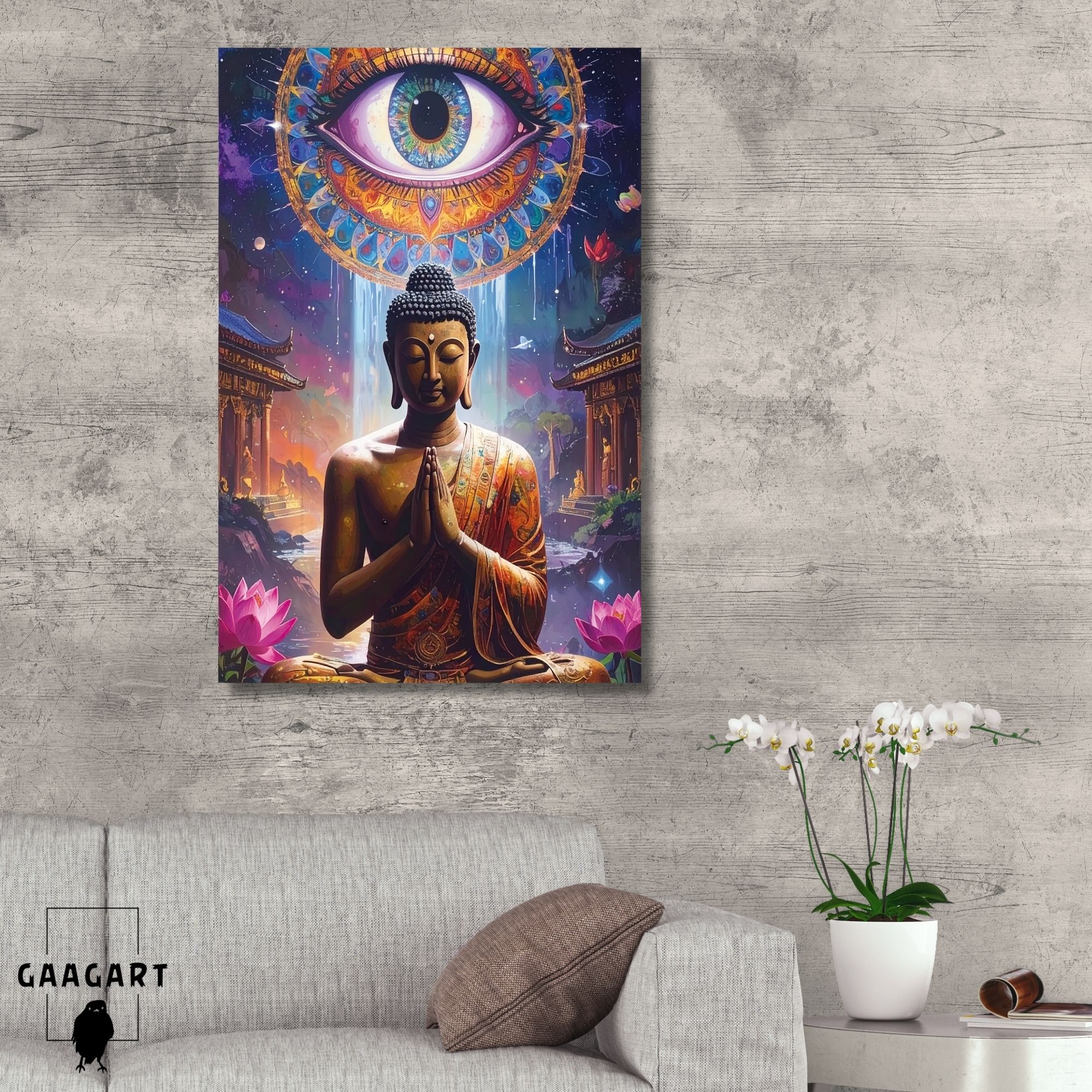 Tekli Dikey Kanvas Tablo Renkli Sanatsal Buda Heykeli ve Göz