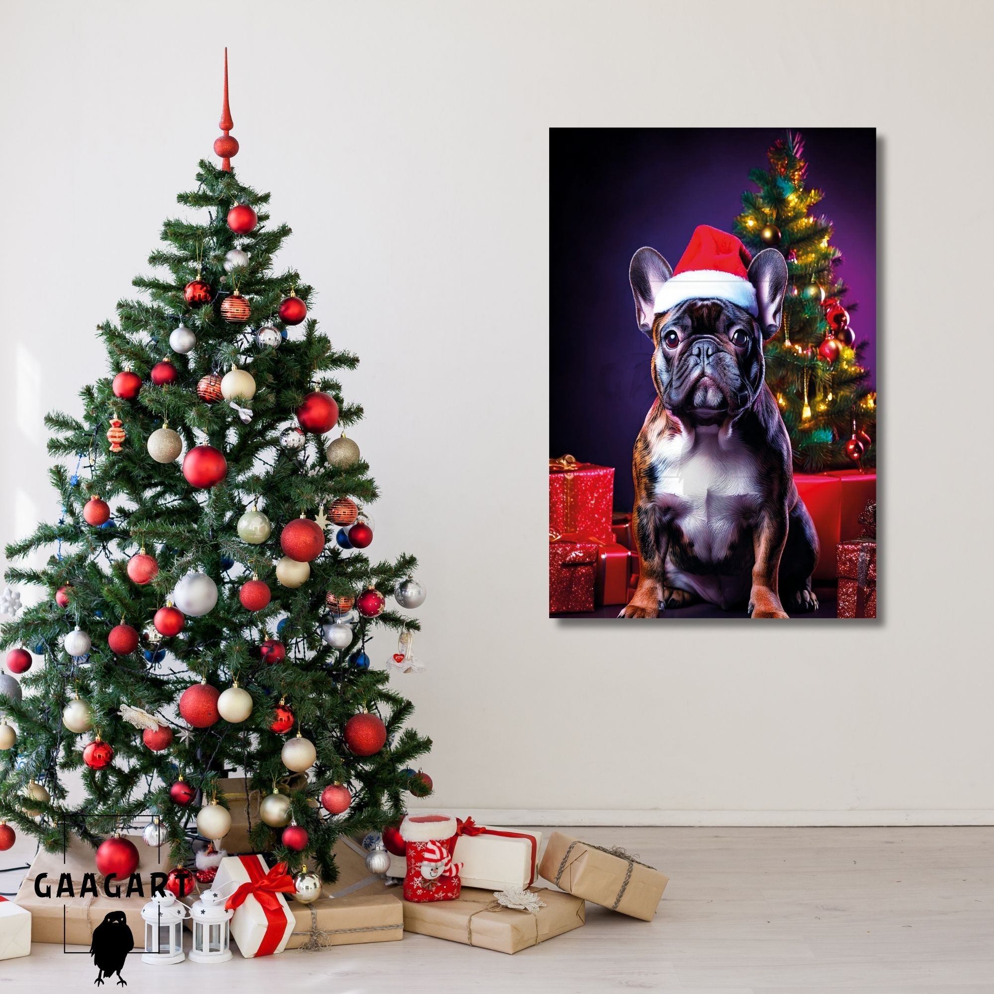 Tekli Dikey Kanvas Duvar Tablosu Yılbaşı Hediyesi Noel Baba Kostümlü French Bulldog