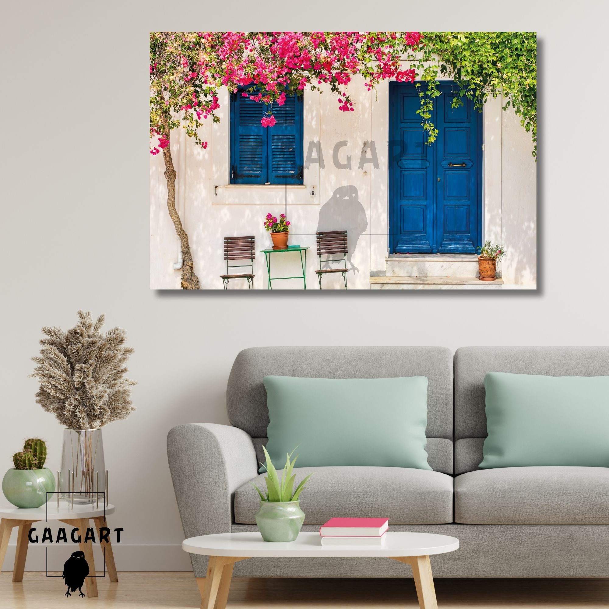Tekli Yatay Kanvas Duvar Tablosu Bodrum Kapı Begonviller