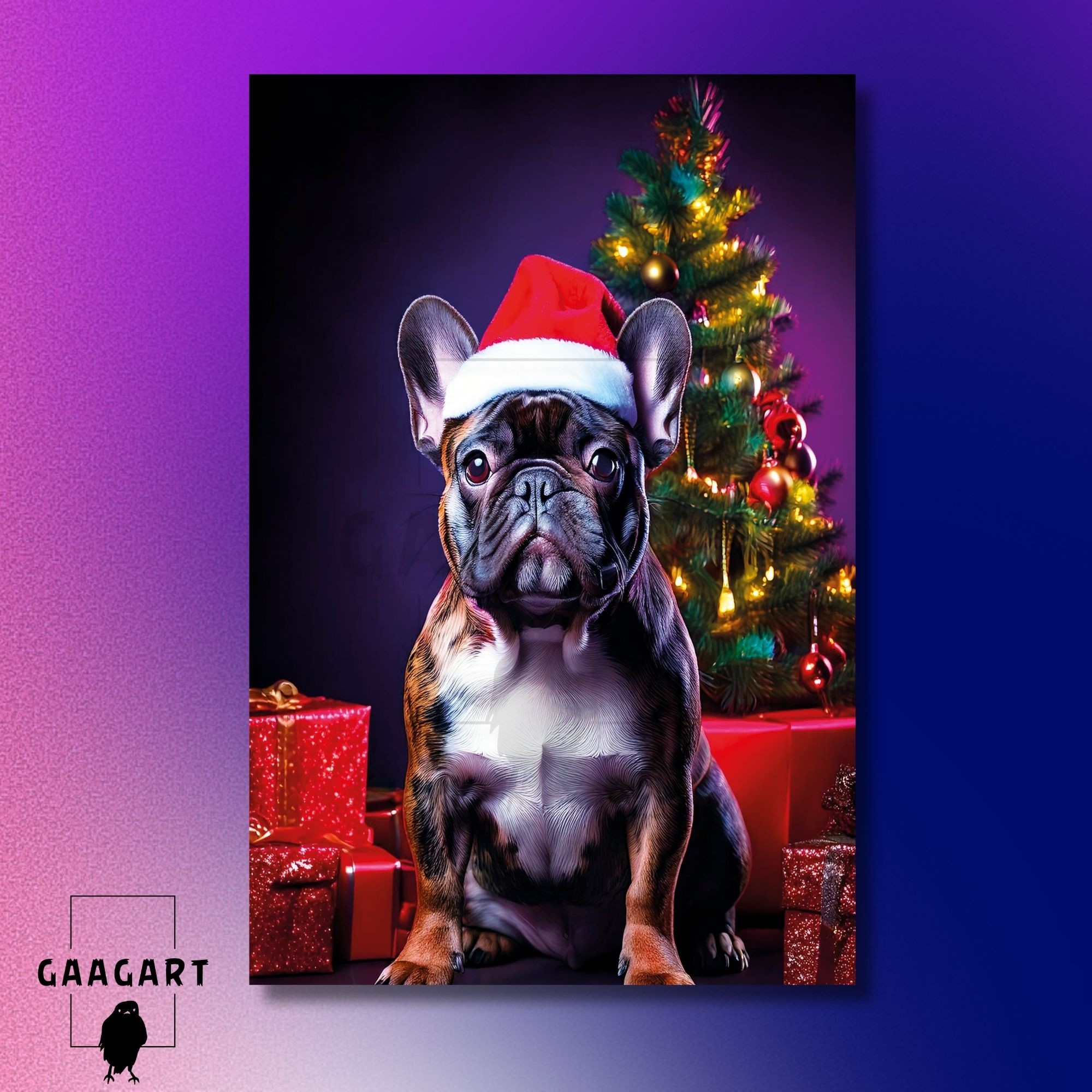 Tekli Dikey Kanvas Duvar Tablosu Yılbaşı Hediyesi Noel Baba Kostümlü French Bulldog