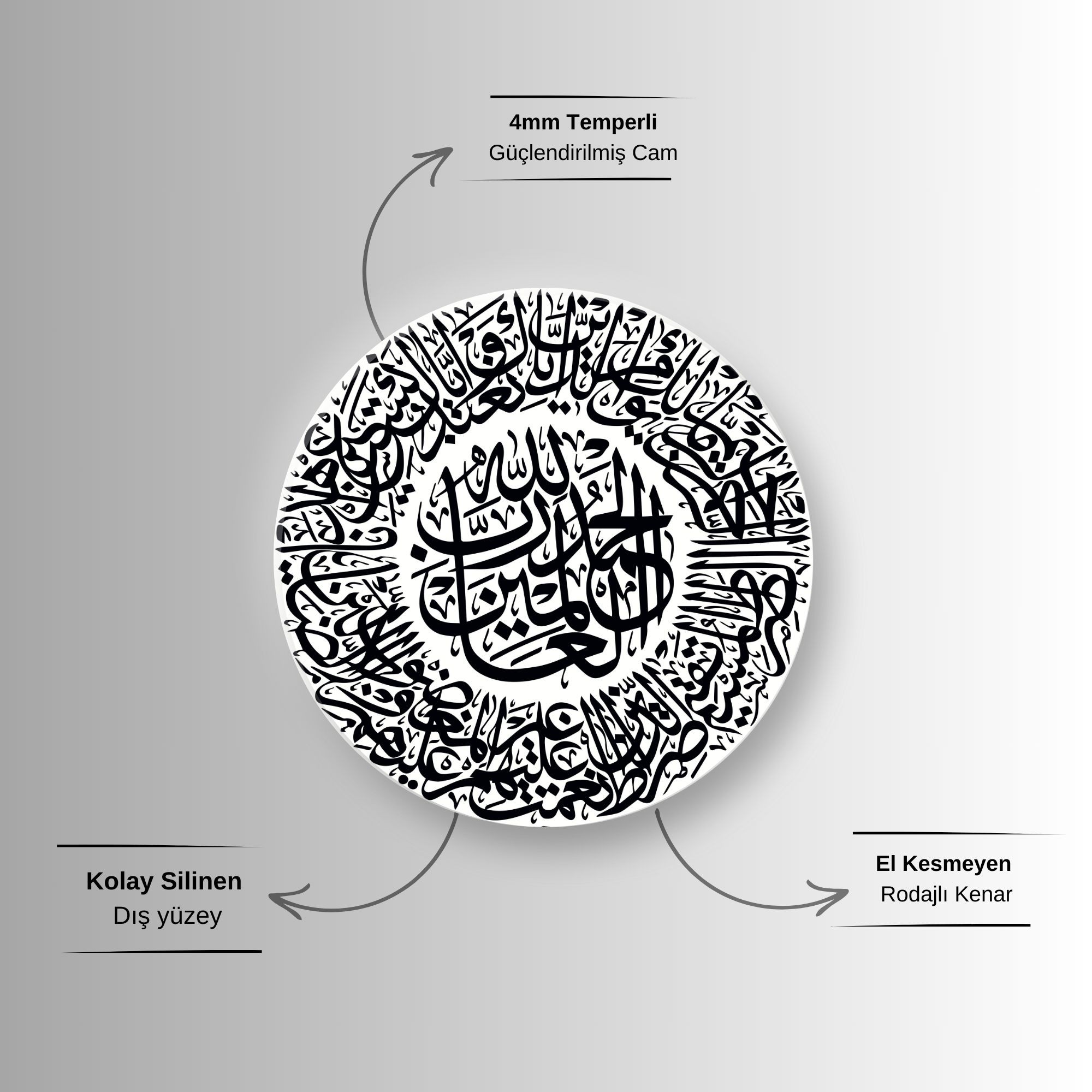 Yuvarlak Temperli Gerçek Cam Dini Tablo Siyah Fatiha Duası