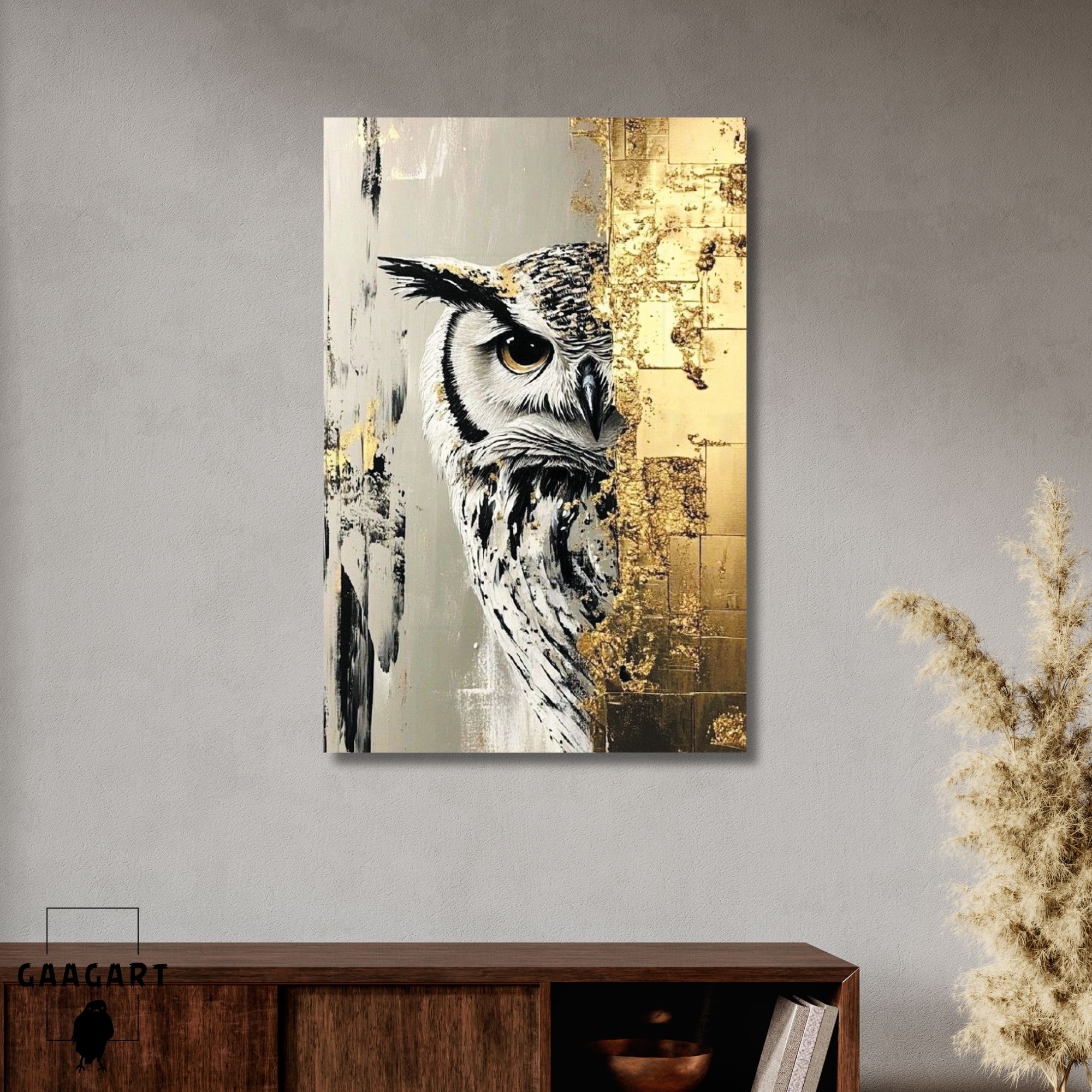 Tekli Dikey Kanvas Tablo Yağlı Boya Görünümlü Gold Baykuş