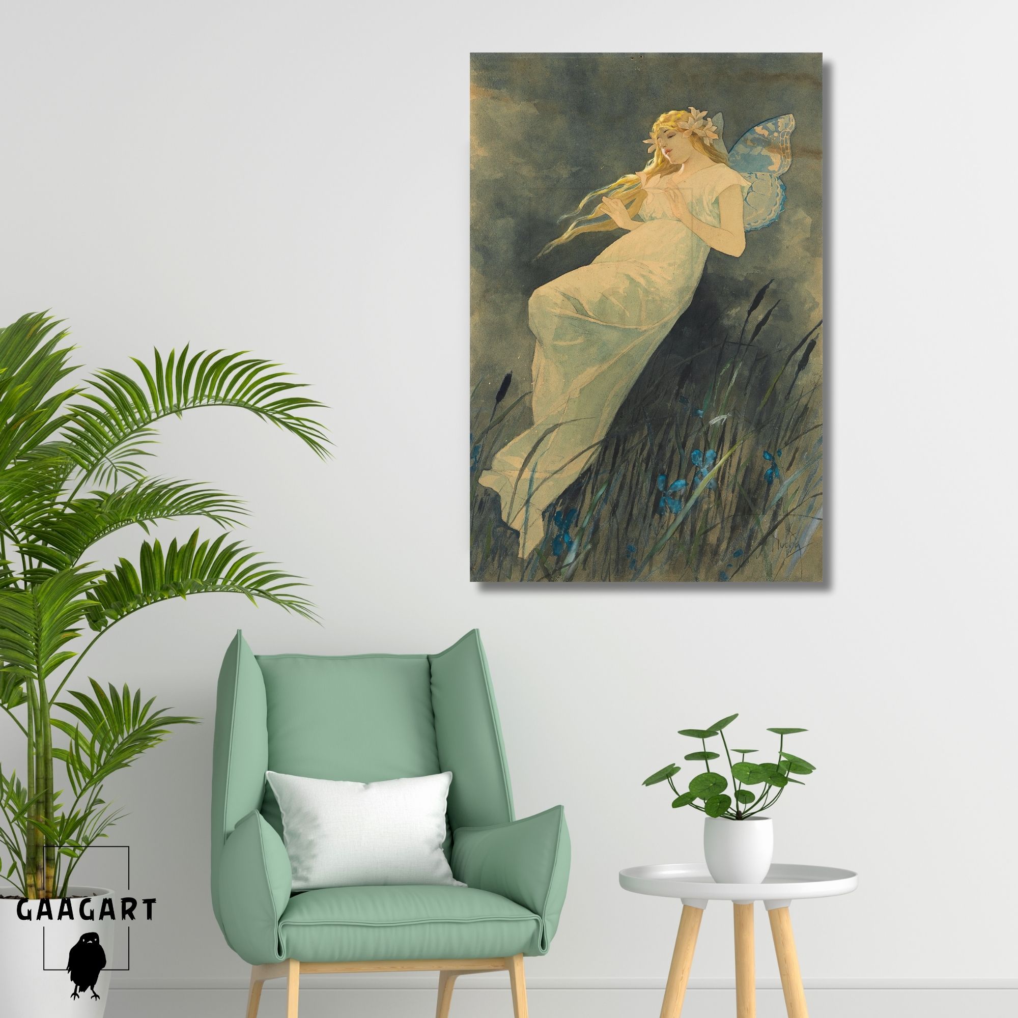 Tekli Dikey Kanvas Alphonse Mucha İris Çiçekleriyle Elf