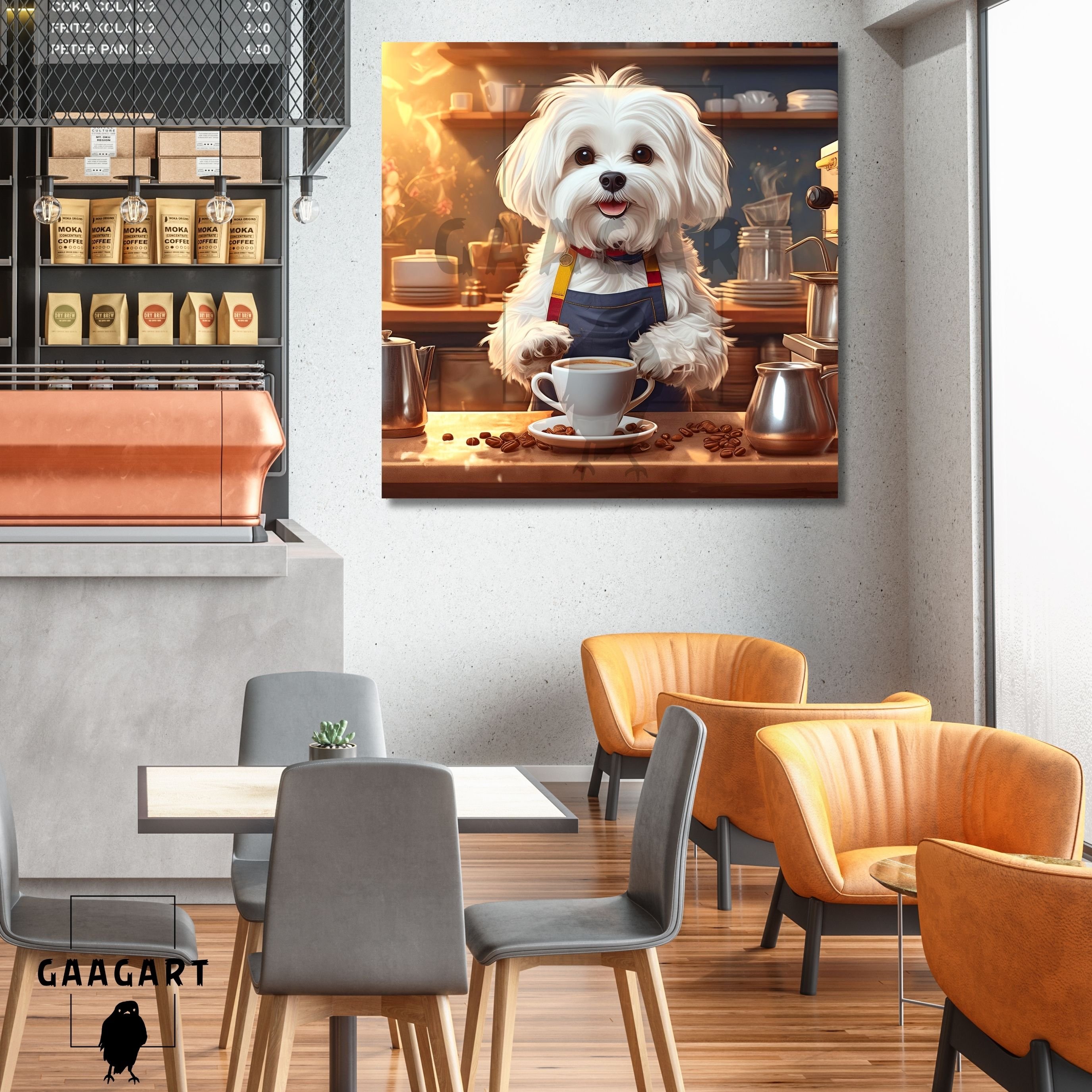 Kare Kanvas Kahve Köşesi Cafe Tablosu Barista Maltese Köpek