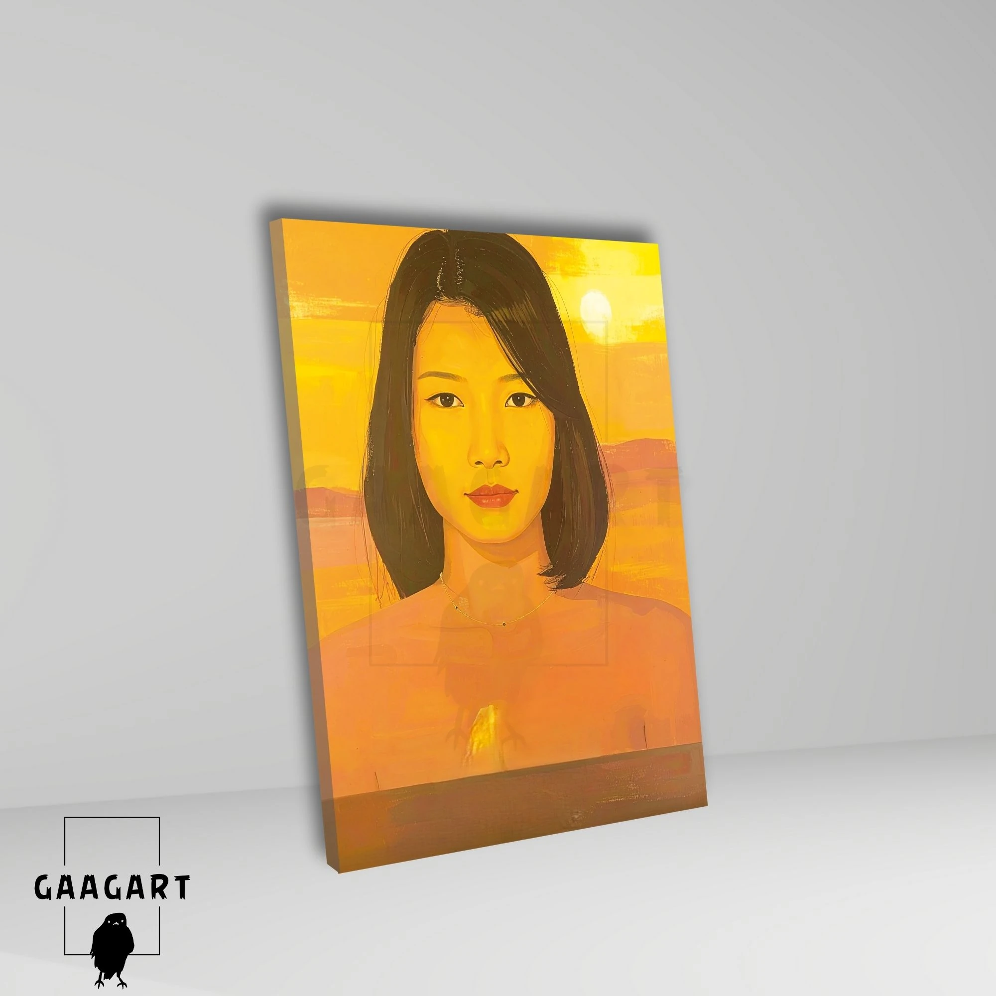 Tekli Dikey Kanvas Tablo Sarı Fon Ve Asyalı Kadın