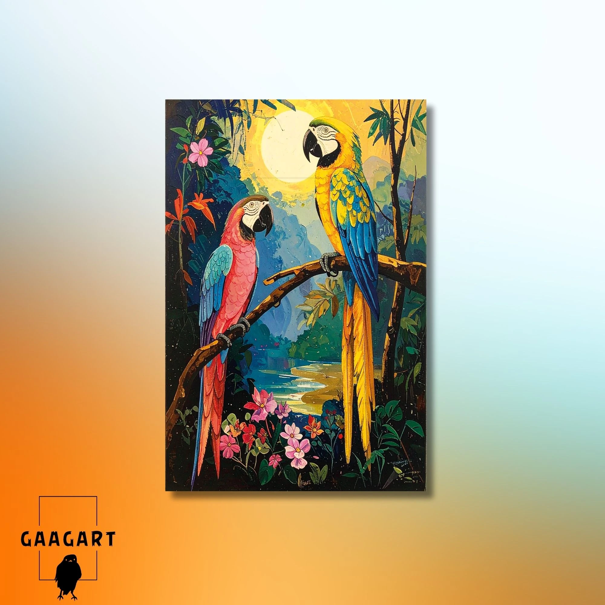 Tekli Dikey Kanvas Tablo Ağaç Dalında İki Papağan Pembe ve Sarı