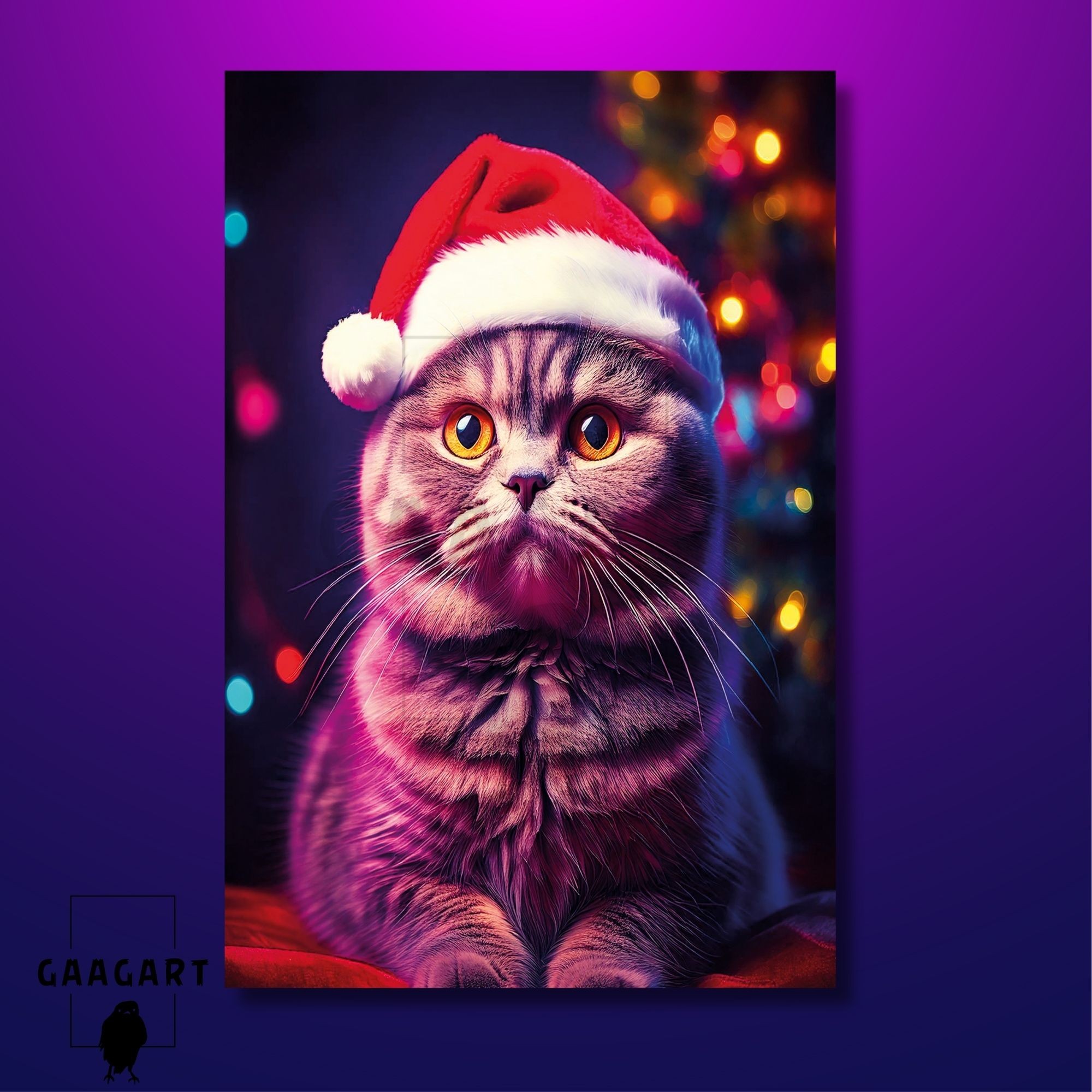 Tekli Dikey Kanvas Duvar Tablosu Yılbaşı Hediyesi Noel Baba Kostümlü Scottish Fold