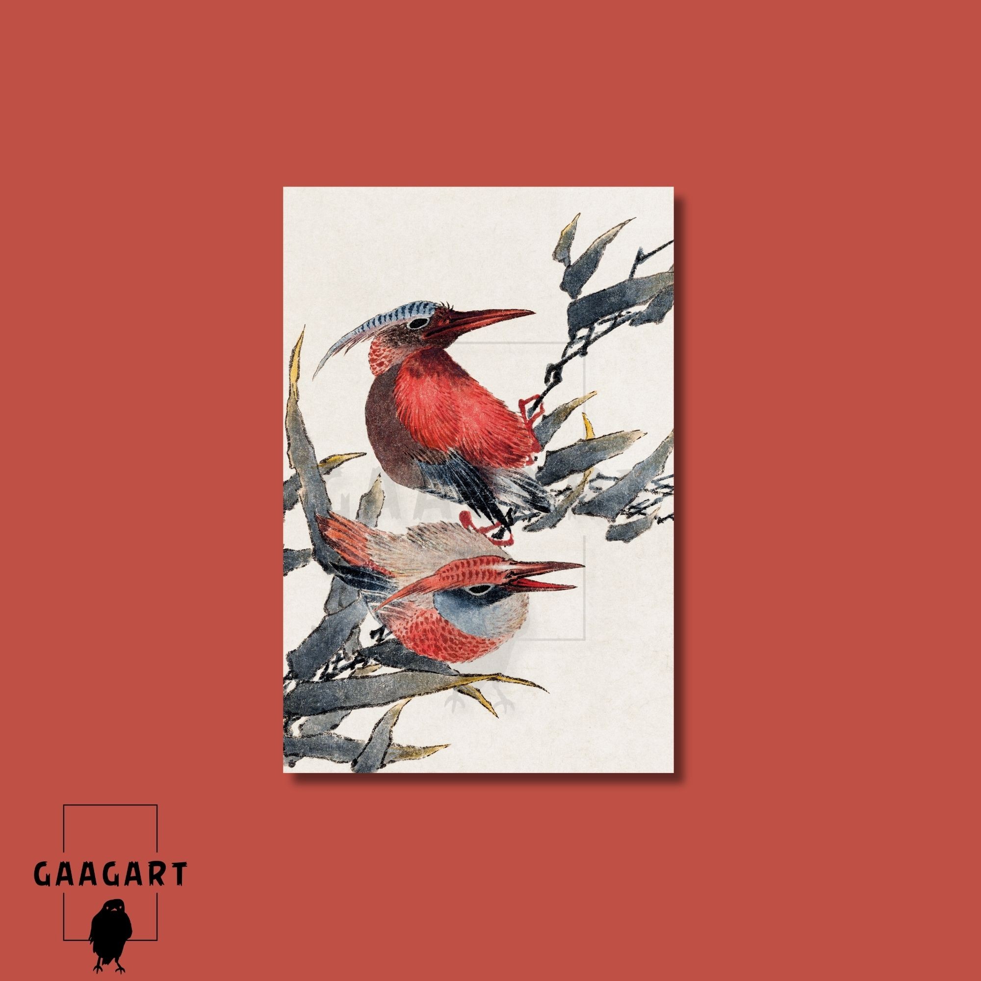 Tekli Dikey Kanvas Tablo Ünlü Eserler Katsushika Hokusai Kırmızı Kuşlar