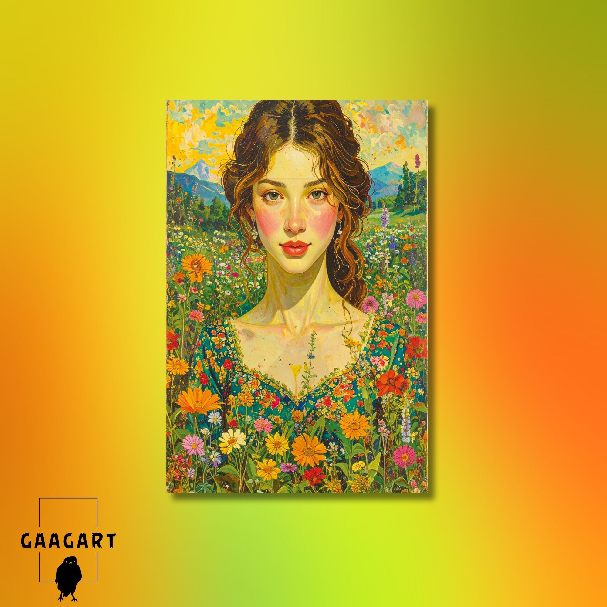 Tekli Dikey Kanvas Tablo Çiçekli Bahçe ve Masum Kız