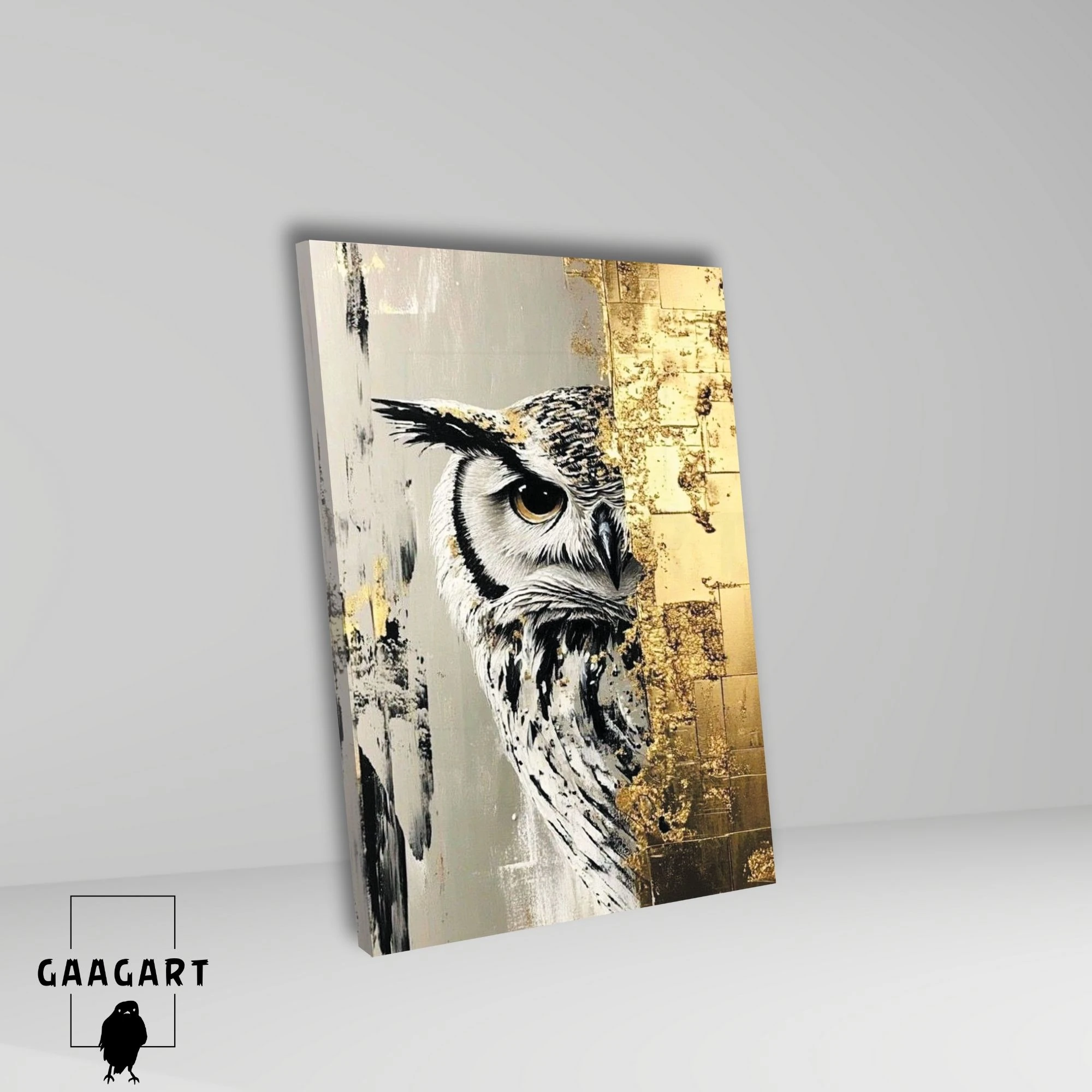 Tekli Dikey Kanvas Tablo Yağlı Boya Görünümlü Gold Baykuş