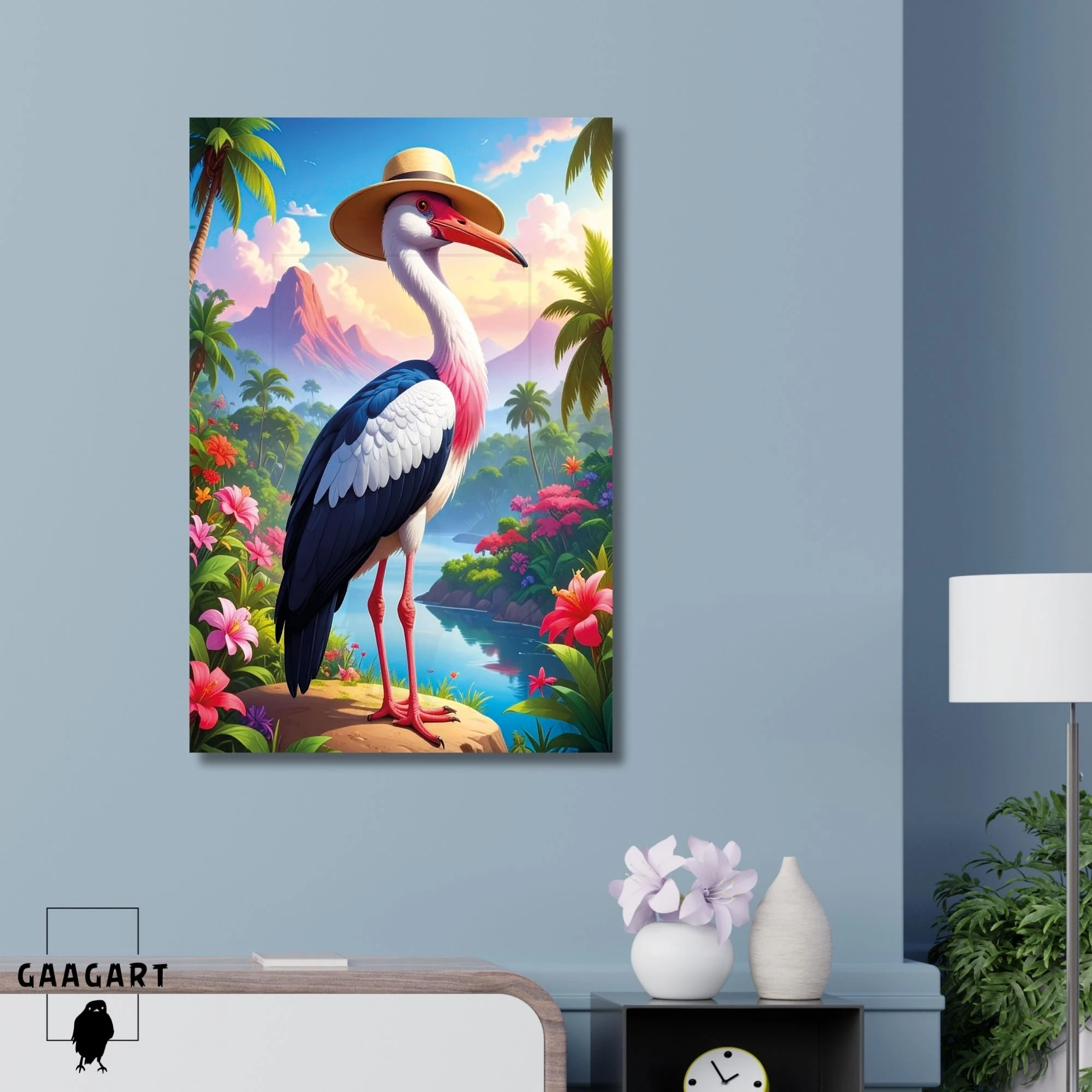 Tekli Dikey Kanvas Tablo Yüksek Kaliteli Renkli Şapkalı Tatilde Flamingo