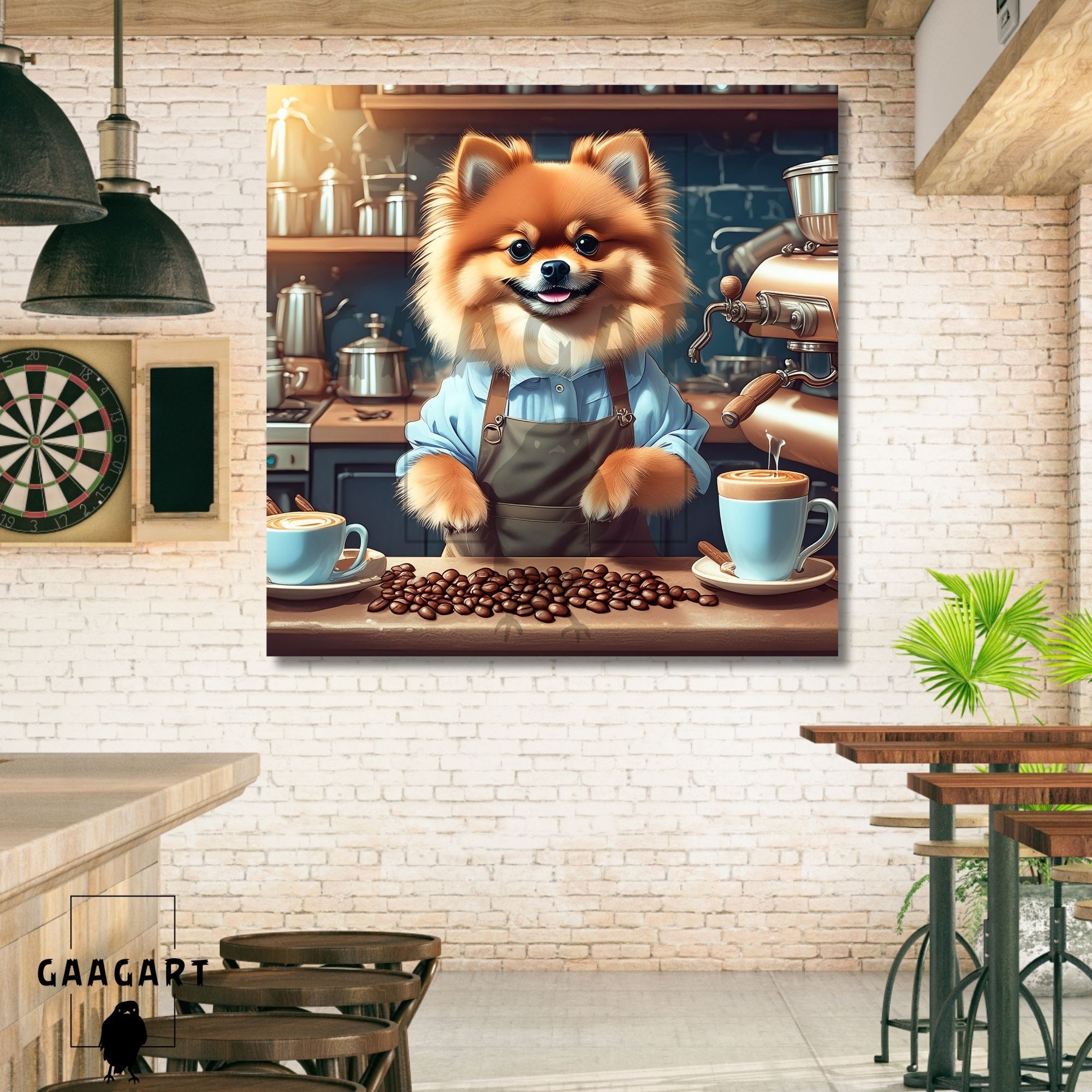 Kare Kanvas Kahve Köşesi Cafe Tablosu Barista Pomeranian Köpek