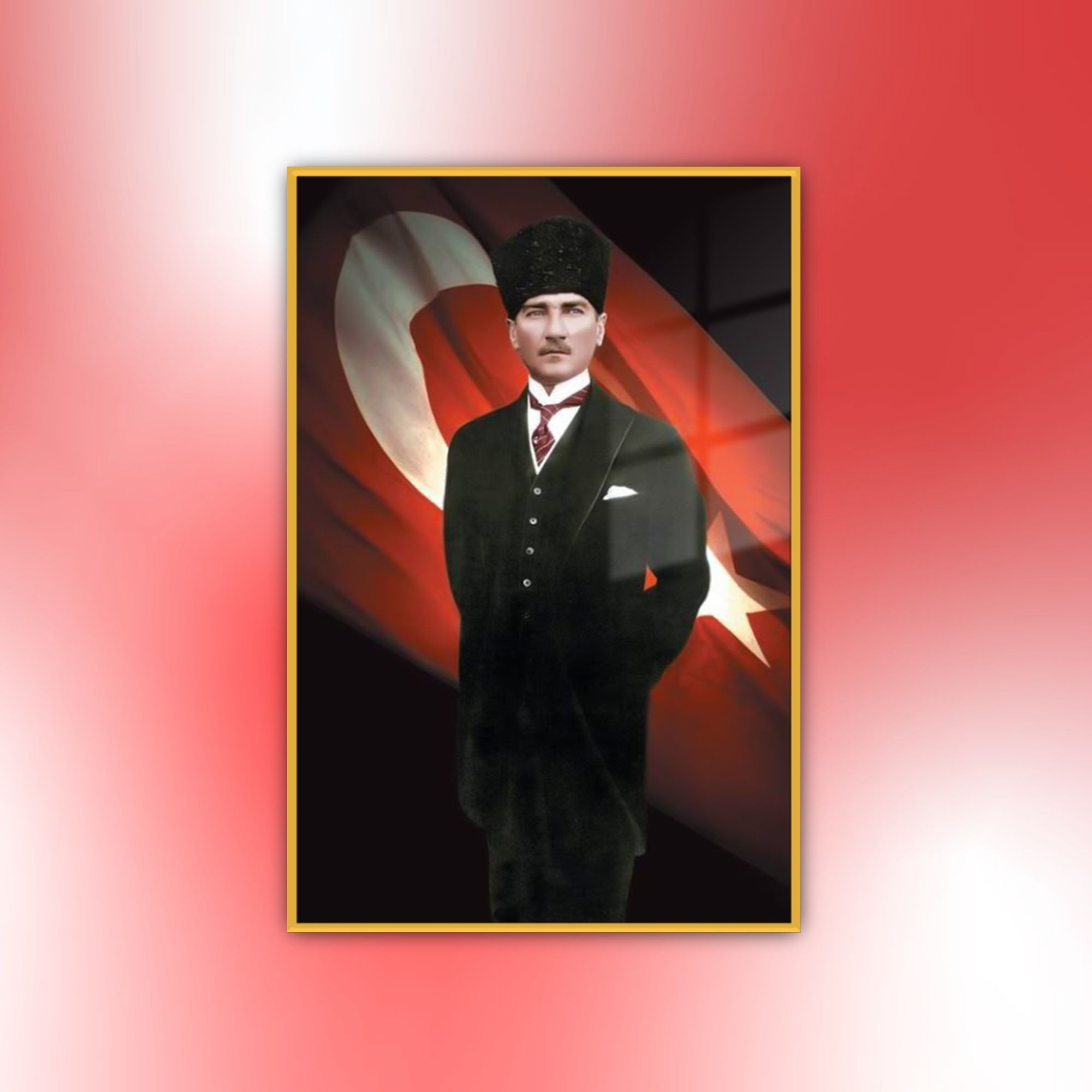 Metal Çerçeveli Temperli Cam Tablo Türk Bayrağı ve Atatürk