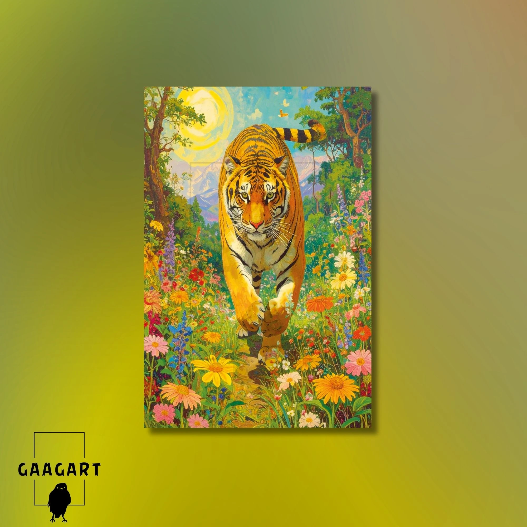 Tekli Dikey Kanvas Tablo Çiçekli Renkli Yürüyen Leopar