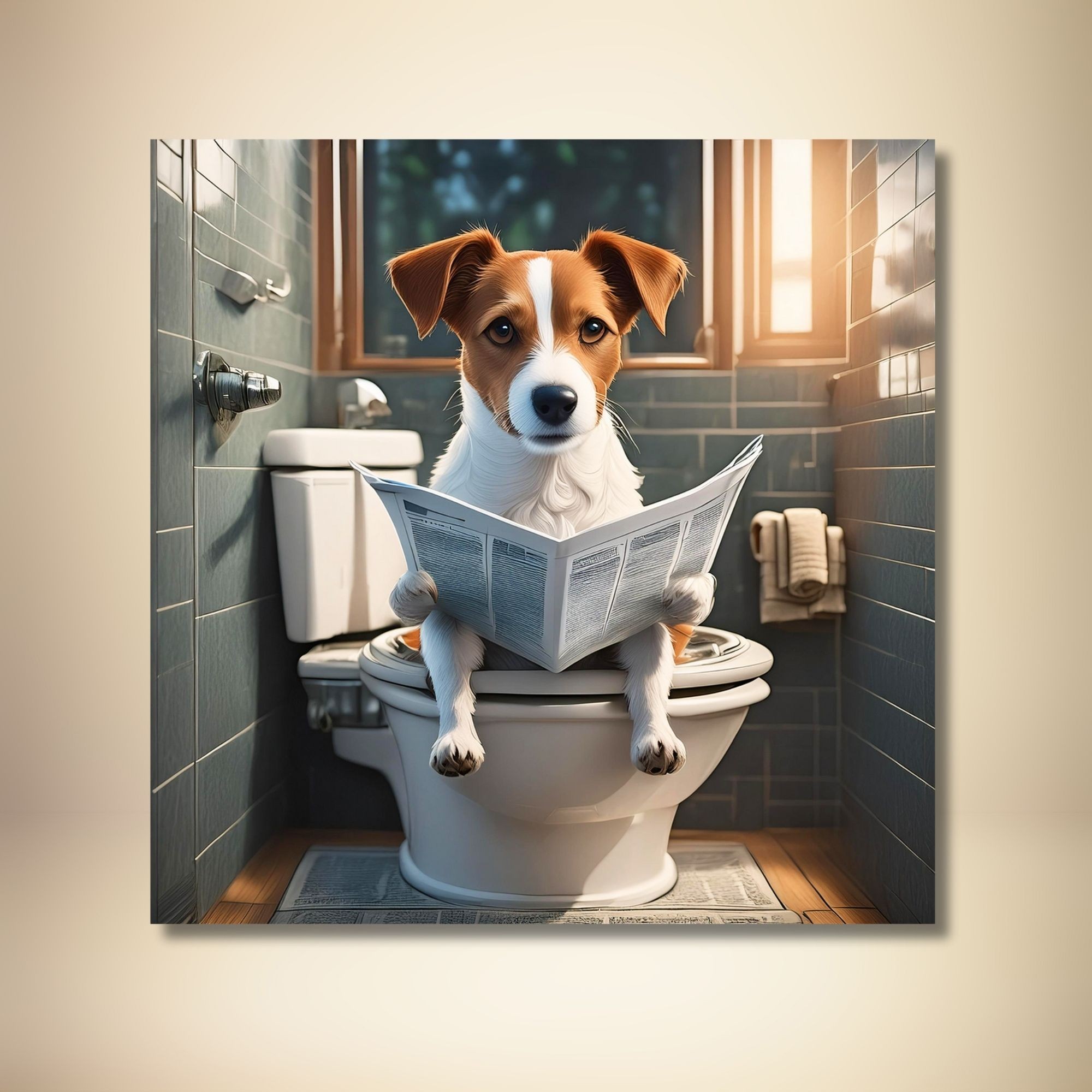 Tekli Kare Kanvas Banyo Tablosu Gazete Okuyan Jack Russell