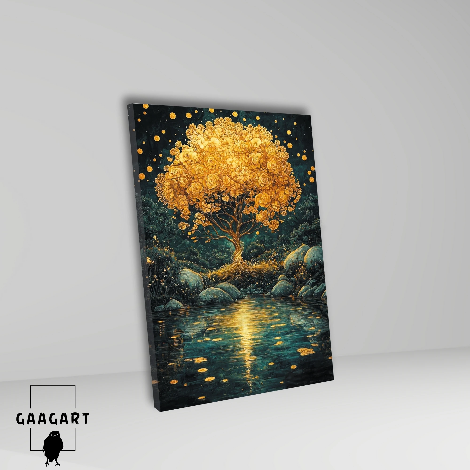 Tekli Dikey Kanvas Tablo Çiçekli Gece ve Ağaç