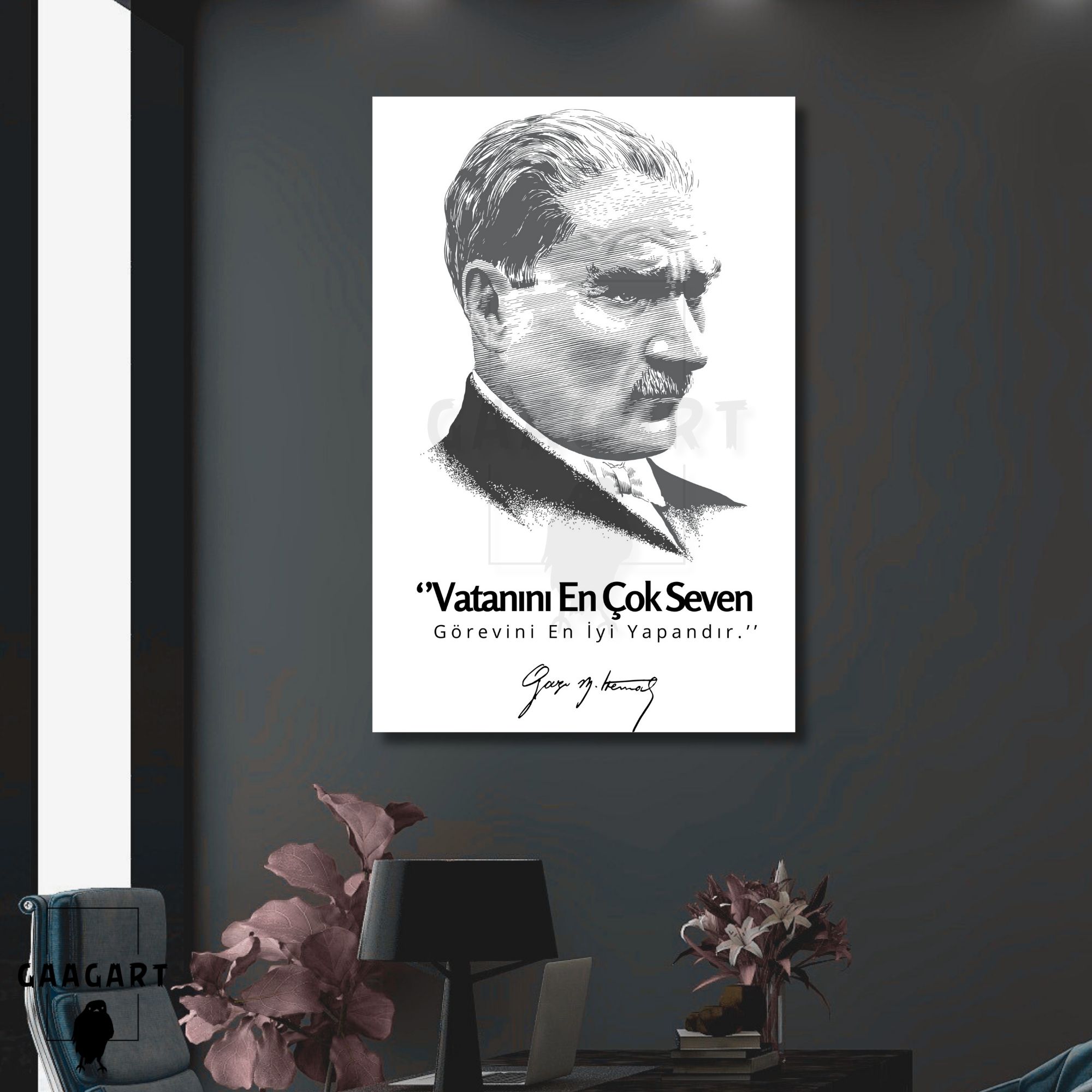Tekli Dikey Kanvas Siyah Beyaz Atatürk Sözleri Vatanını En Çok Seven Görevini En İyi Yapandır.