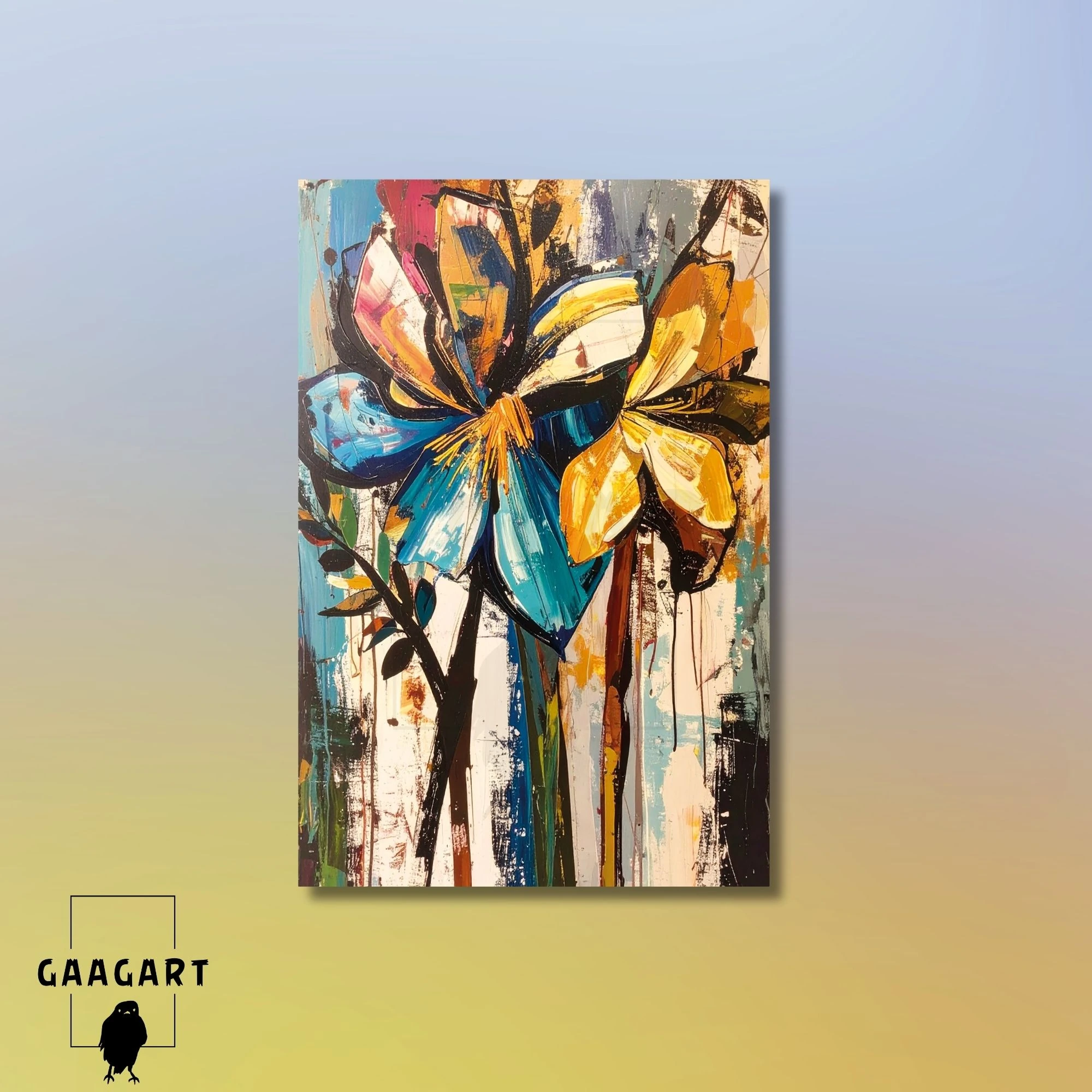 Tekli Dikey Kanvas Tablo Soyut Sanatsal Renkli Çiçekler