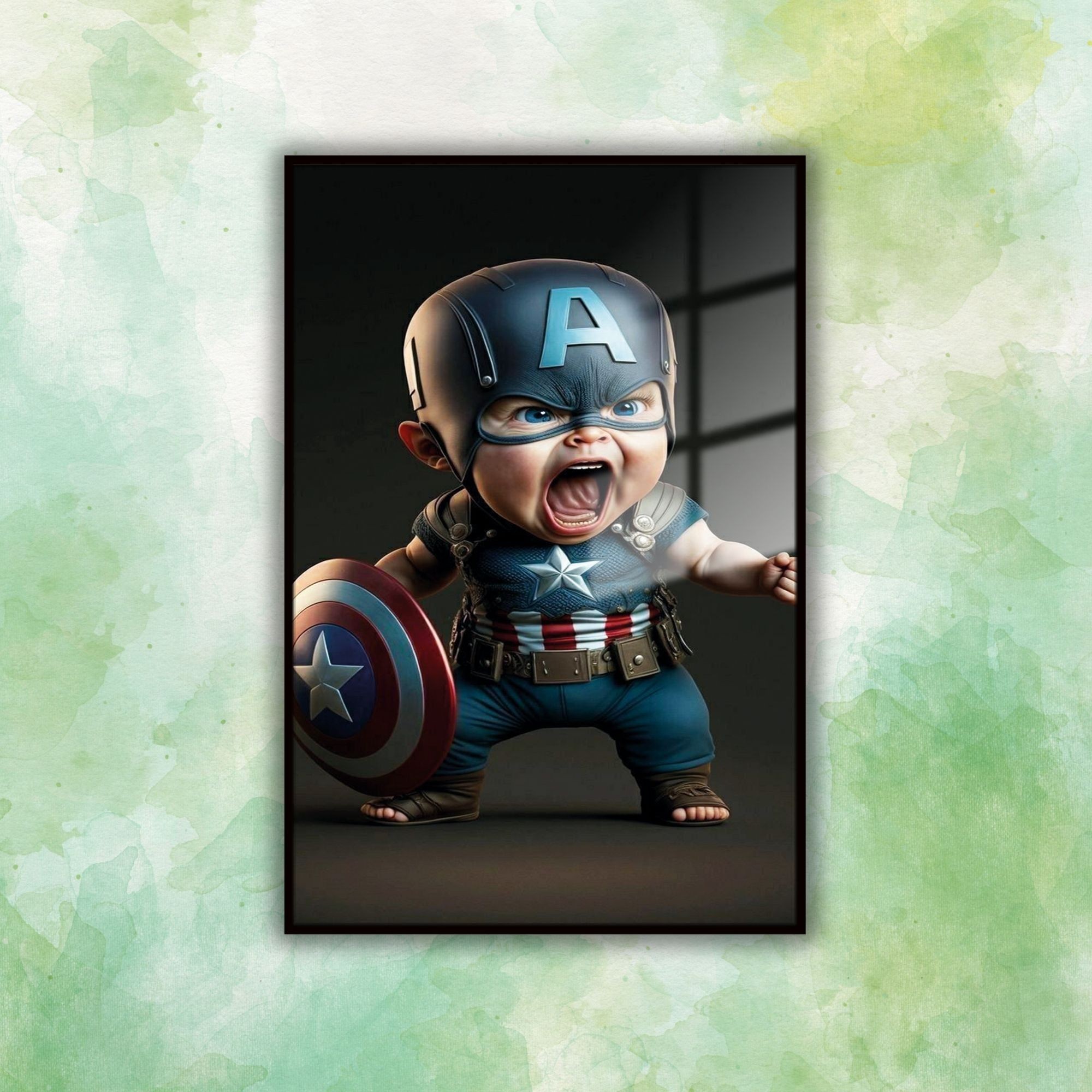 Metal Çerçeveli Temperli Cam Tablo Baby Captain America