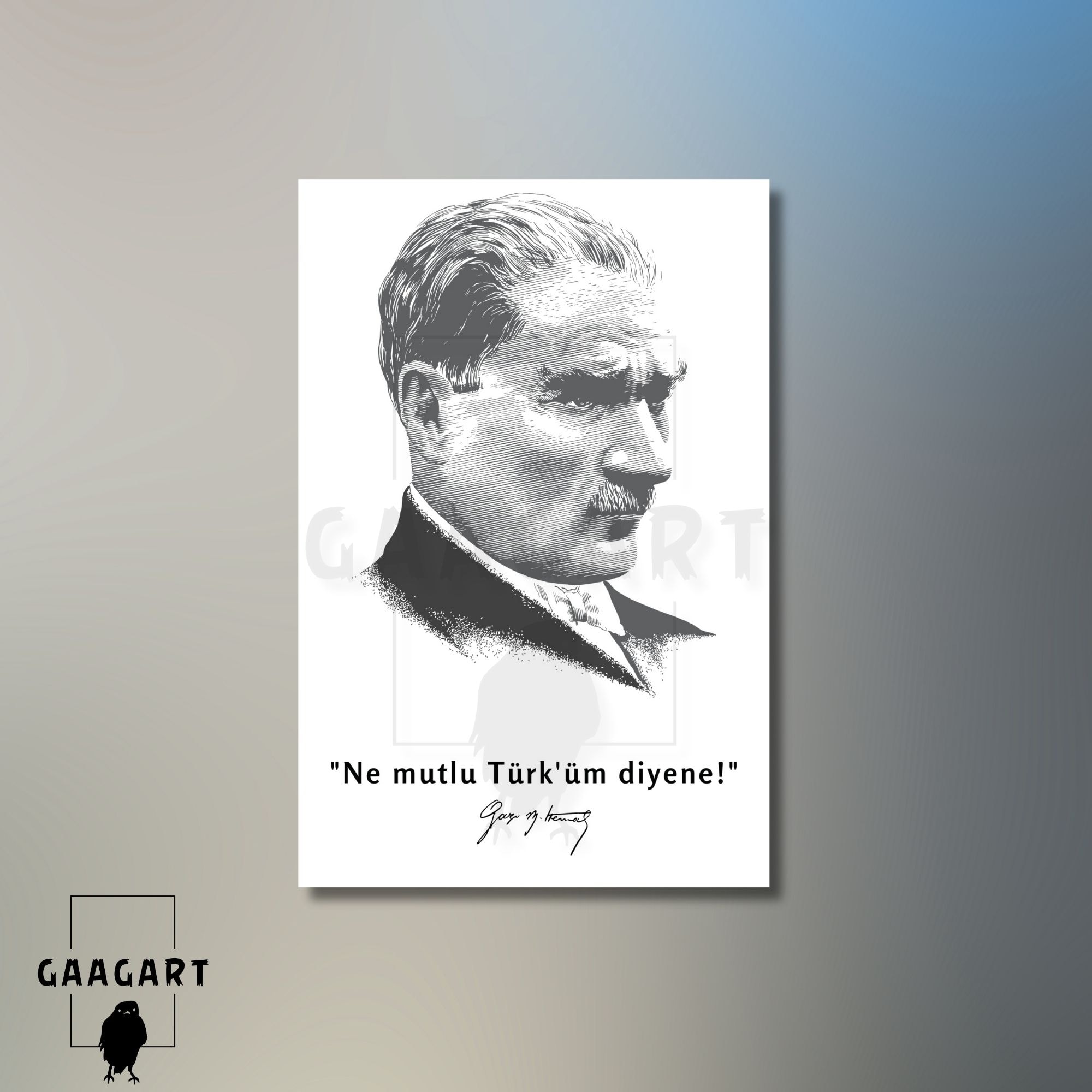 Tekli Dikey Kanvas Makam Panosu Atatürk Sözleri Siyah Beyaz Ne mutlu Türk'üm diyene!