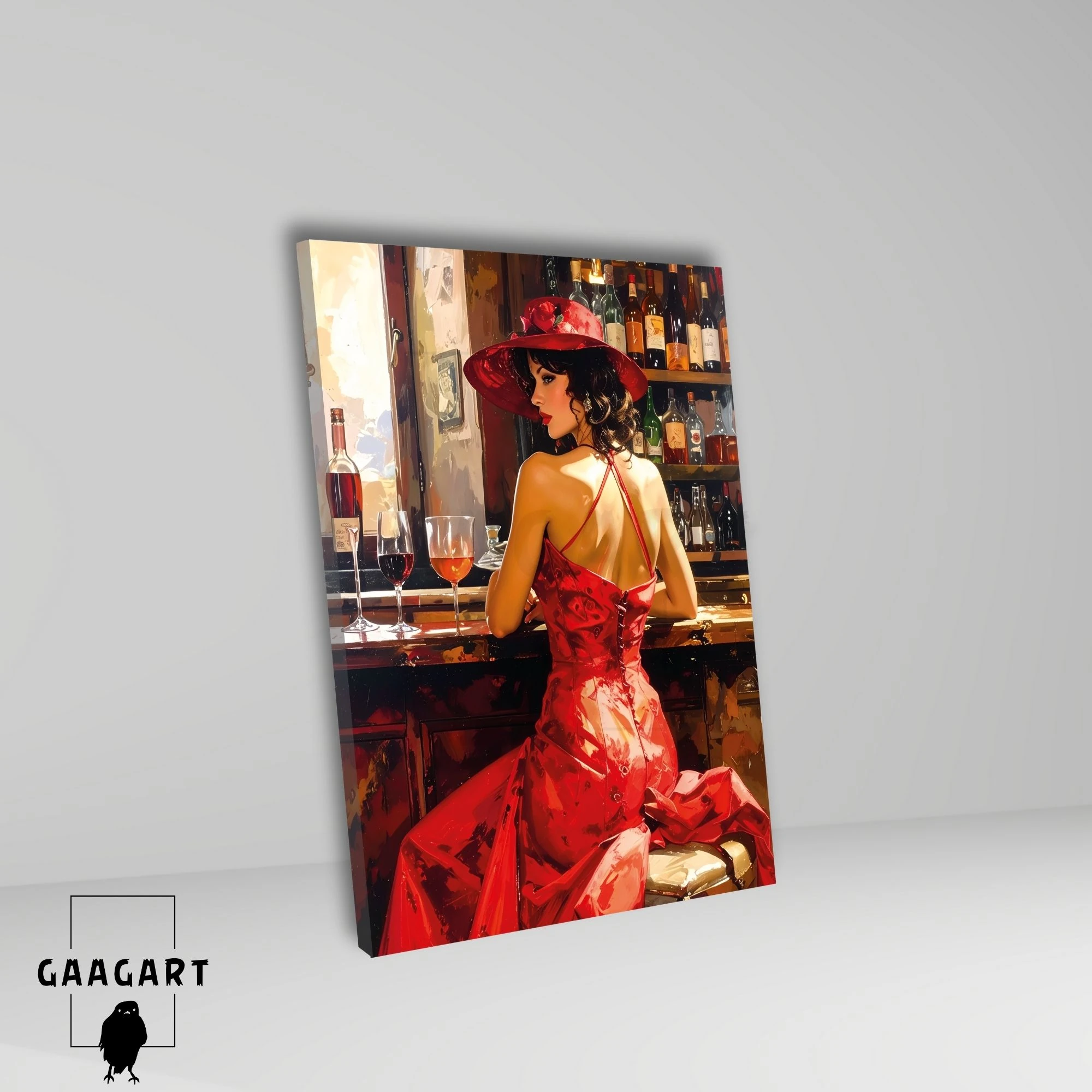 Tekli Dikey Kanvas Tablo Yağlı Boya Görünümlü Barda Kadın