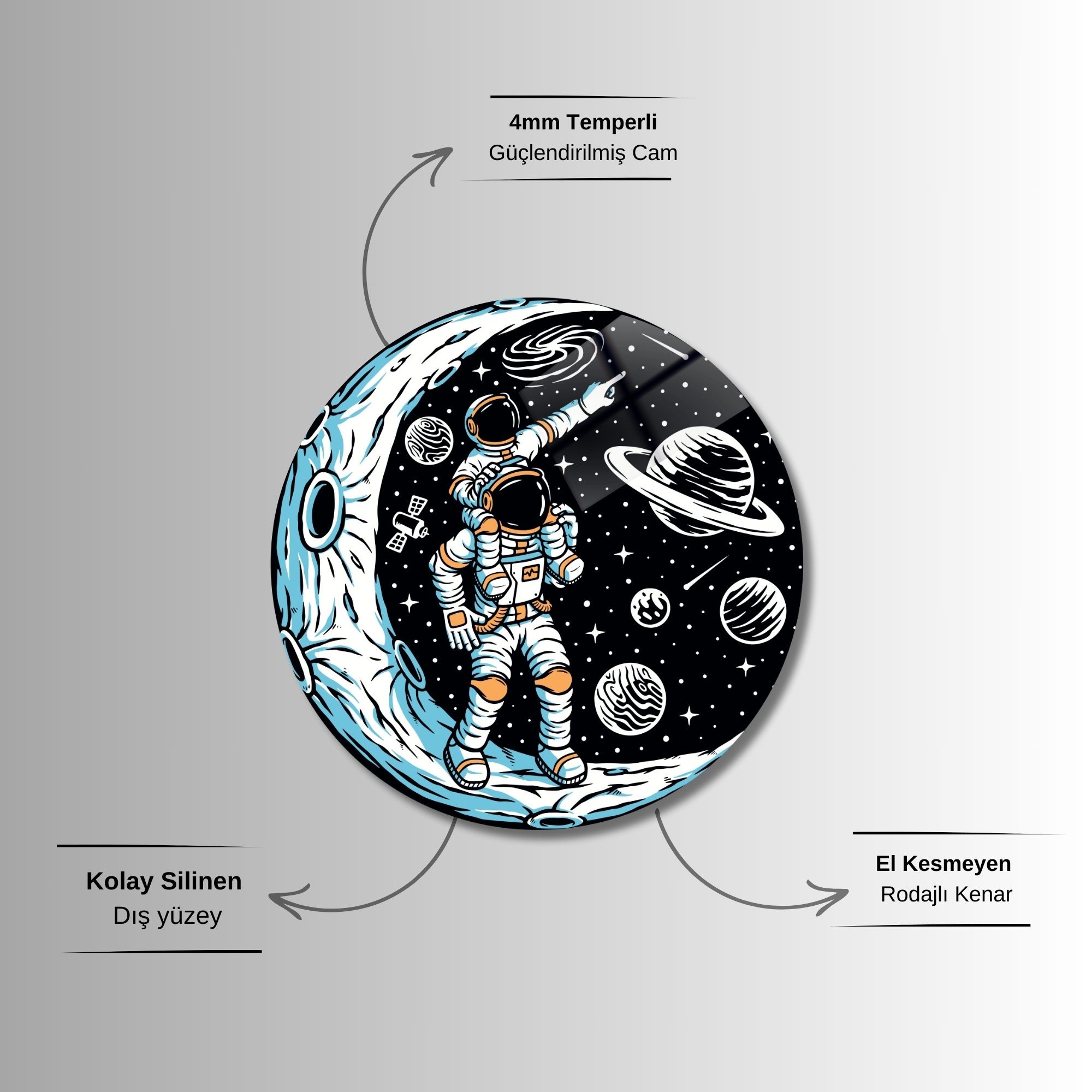 Yuvarlak Temperli Gerçek Cam Tablo Astronot Baba ve Çocuk