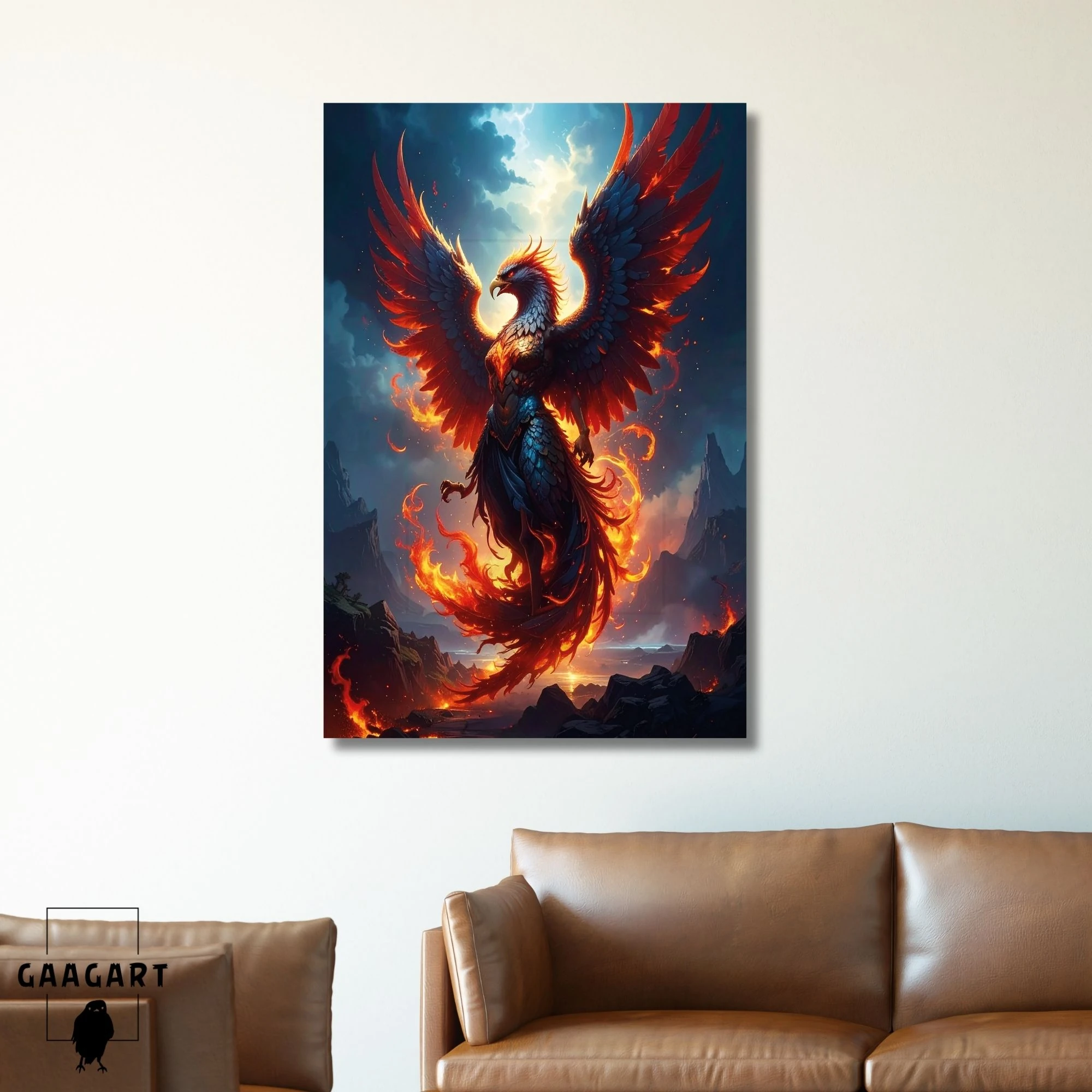 Tekli Dikey Kanvas Tablo Alevler Lavlar İçerisinde Zümrüdü Anka Kuşu