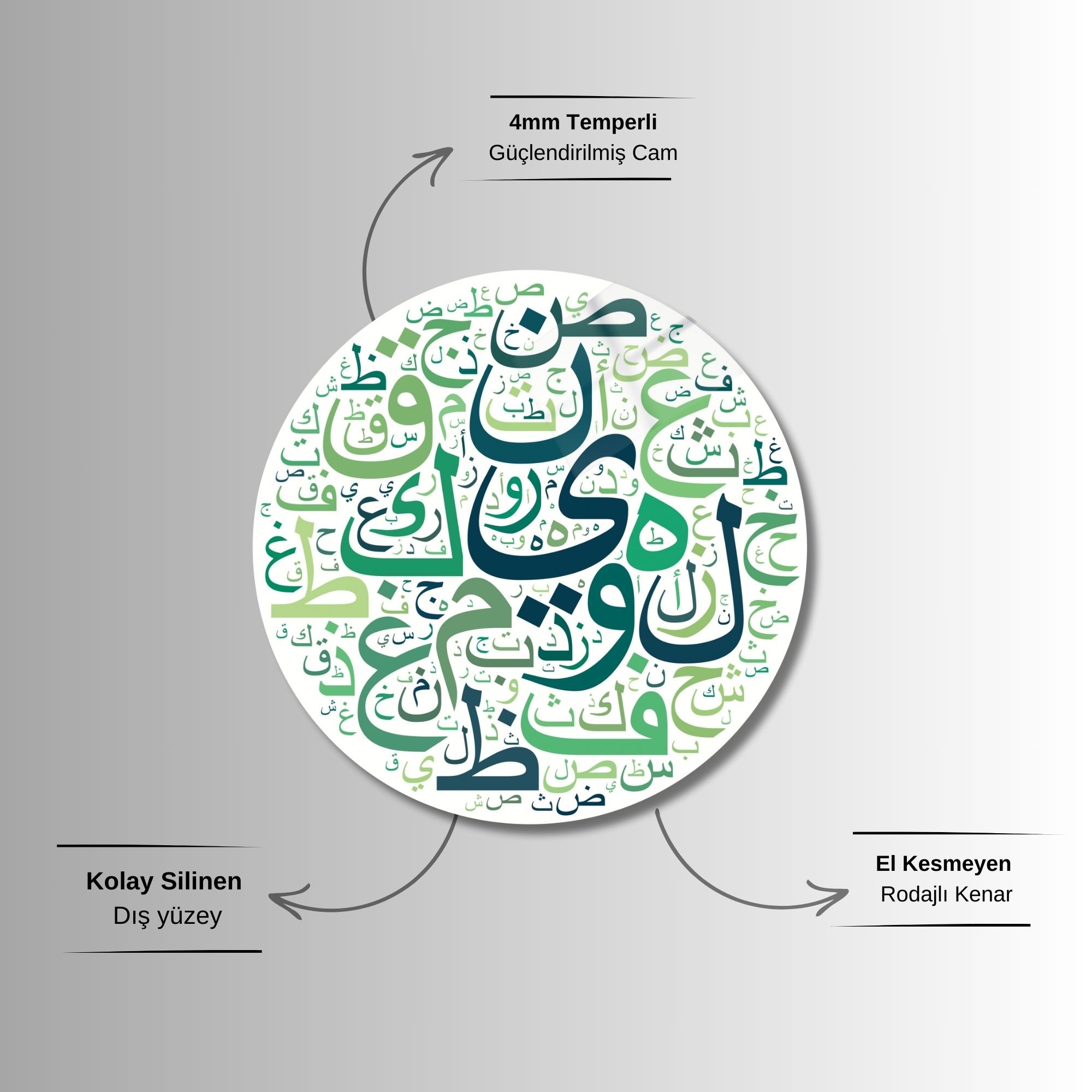 Yuvarlak Temperli Gerçek Cam Dini Tablo Yeşil Kur'an Alfabesi