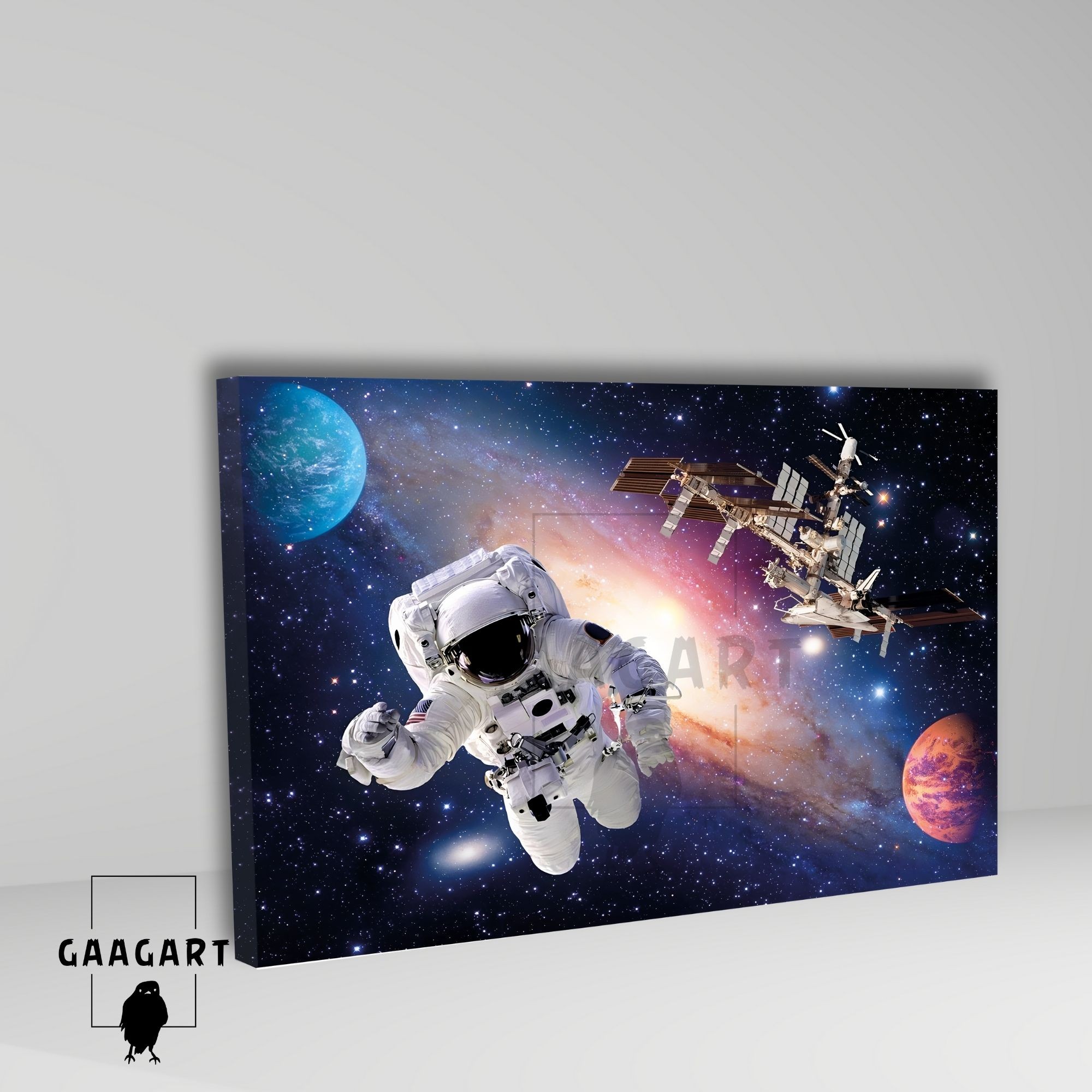 Tekli Yatay Kanvas Duvar Tablosu Uzay Astronot ve Uydu