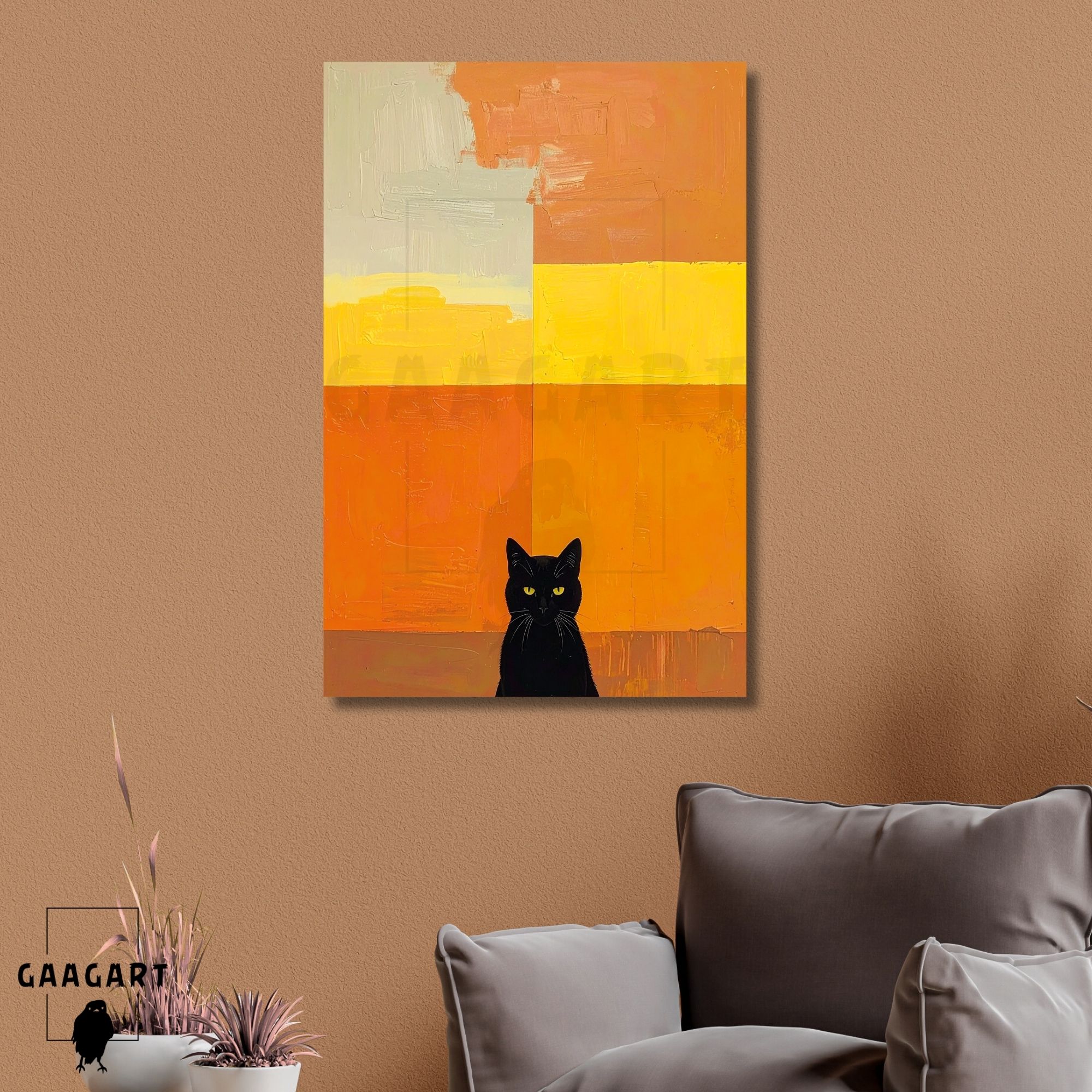 Tekli Dikey Kanvas Tablo Soyut Sanatsal Turuncu ve Siyah Kedi