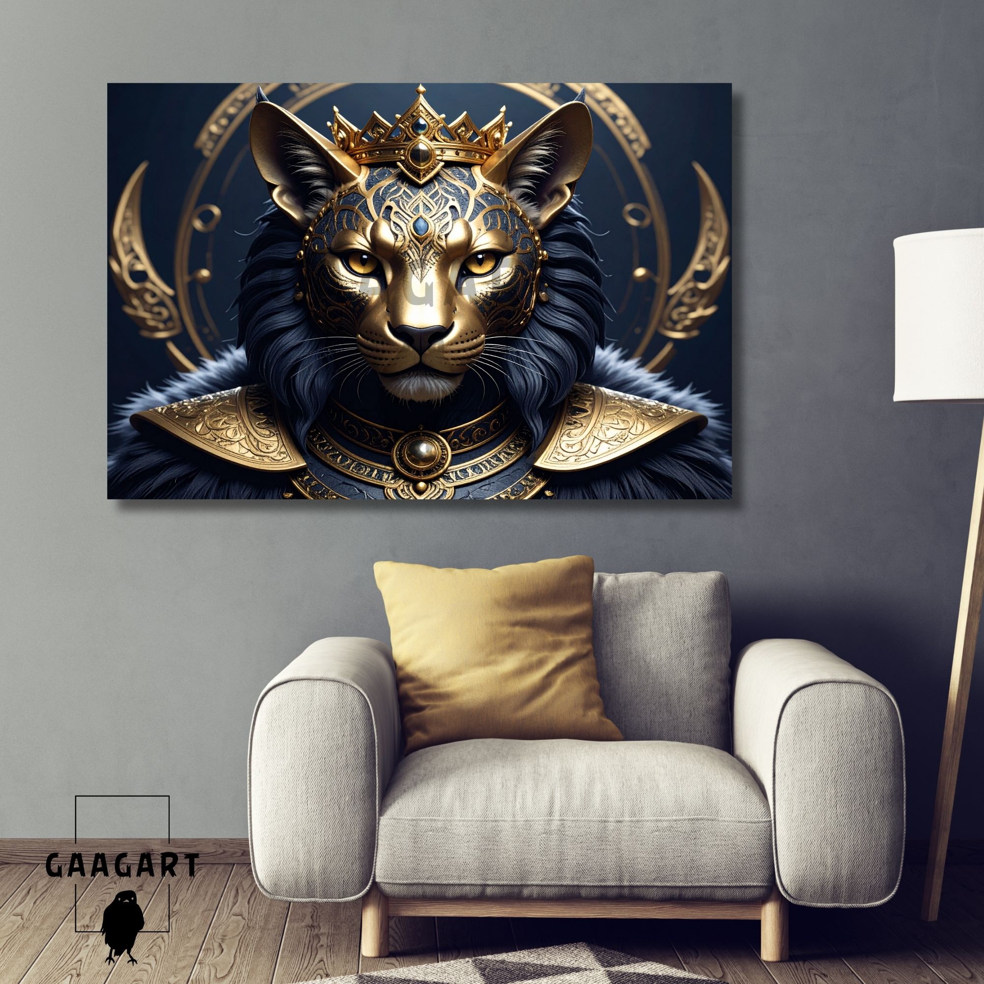 Tekli Yatay Kanvas Duvar Tablosu Asker Aslan 3D Gold Detaylı