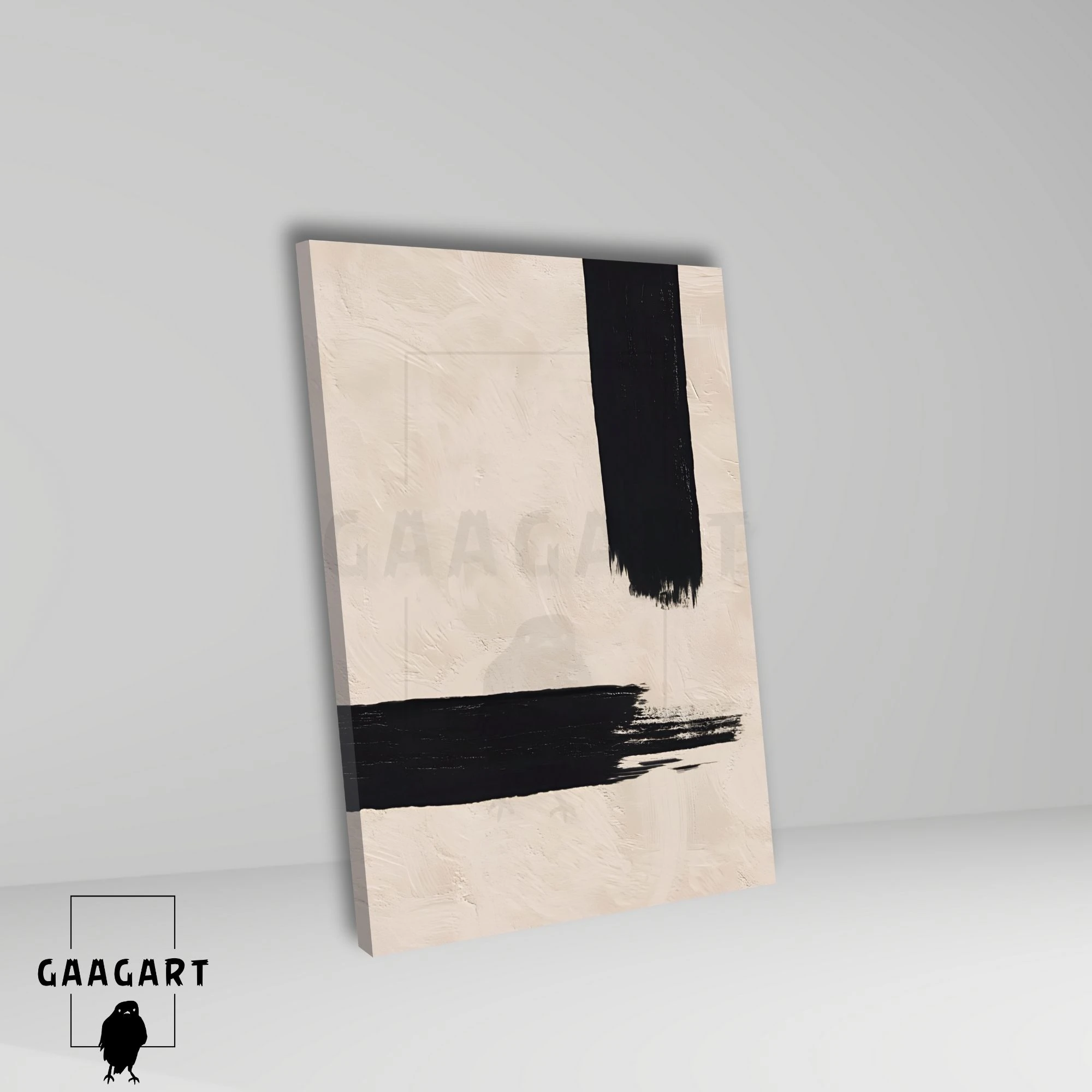 Tekli Dikey Kanvas Tablo Soyut Kremrengi Siyah Çizgi