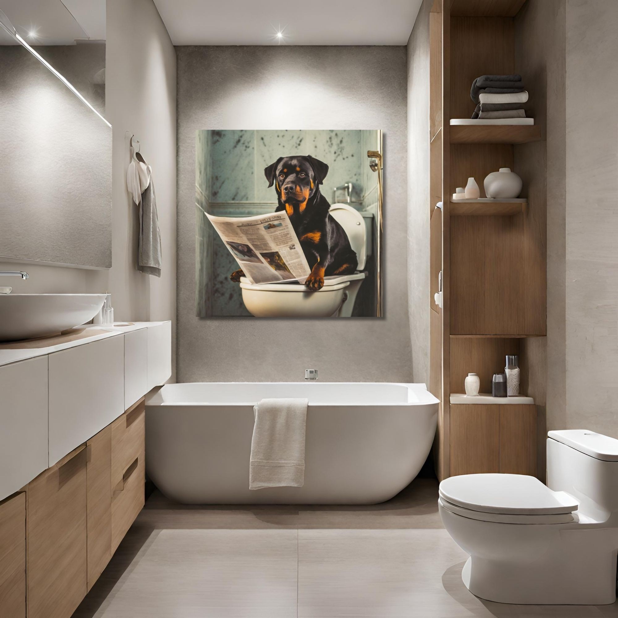 Tekli Kare Kanvas Banyo Tablosu Gazete Okuyan Rottweiler Köpek