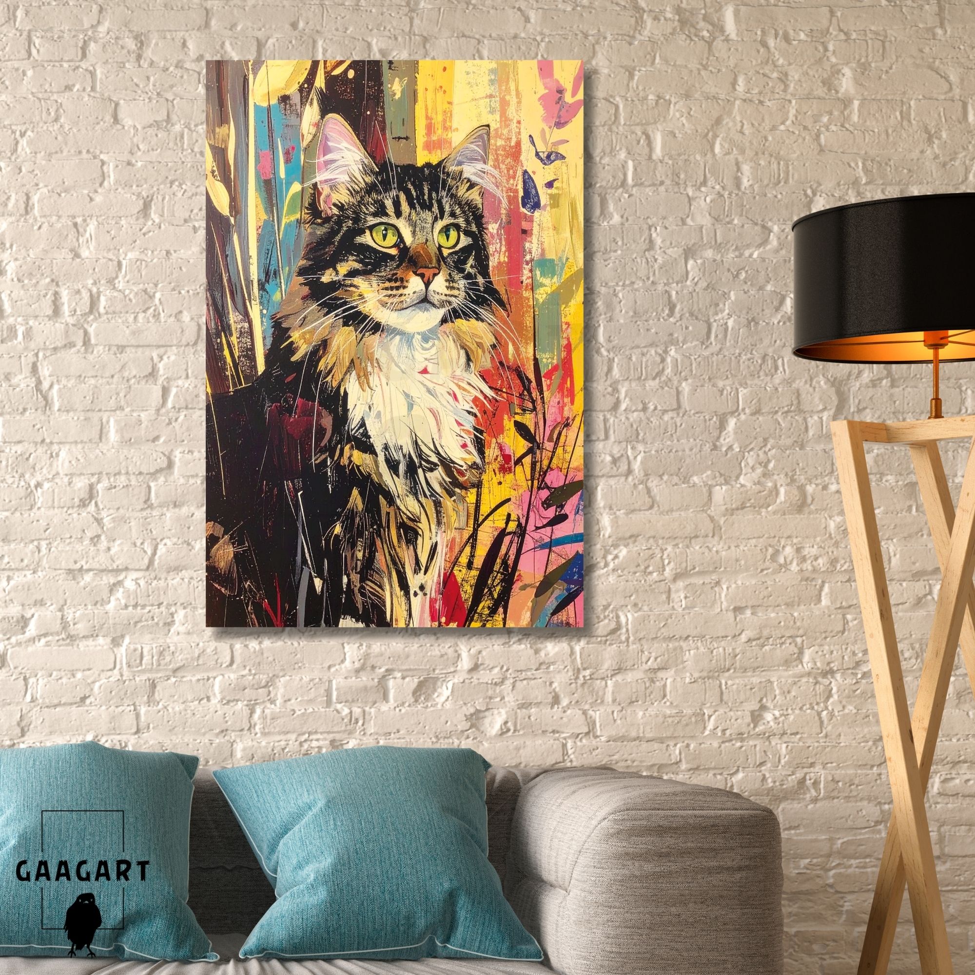 Tekli Dikey Kanvas Tablo Renkli Soft Orman Kedisi Portresi