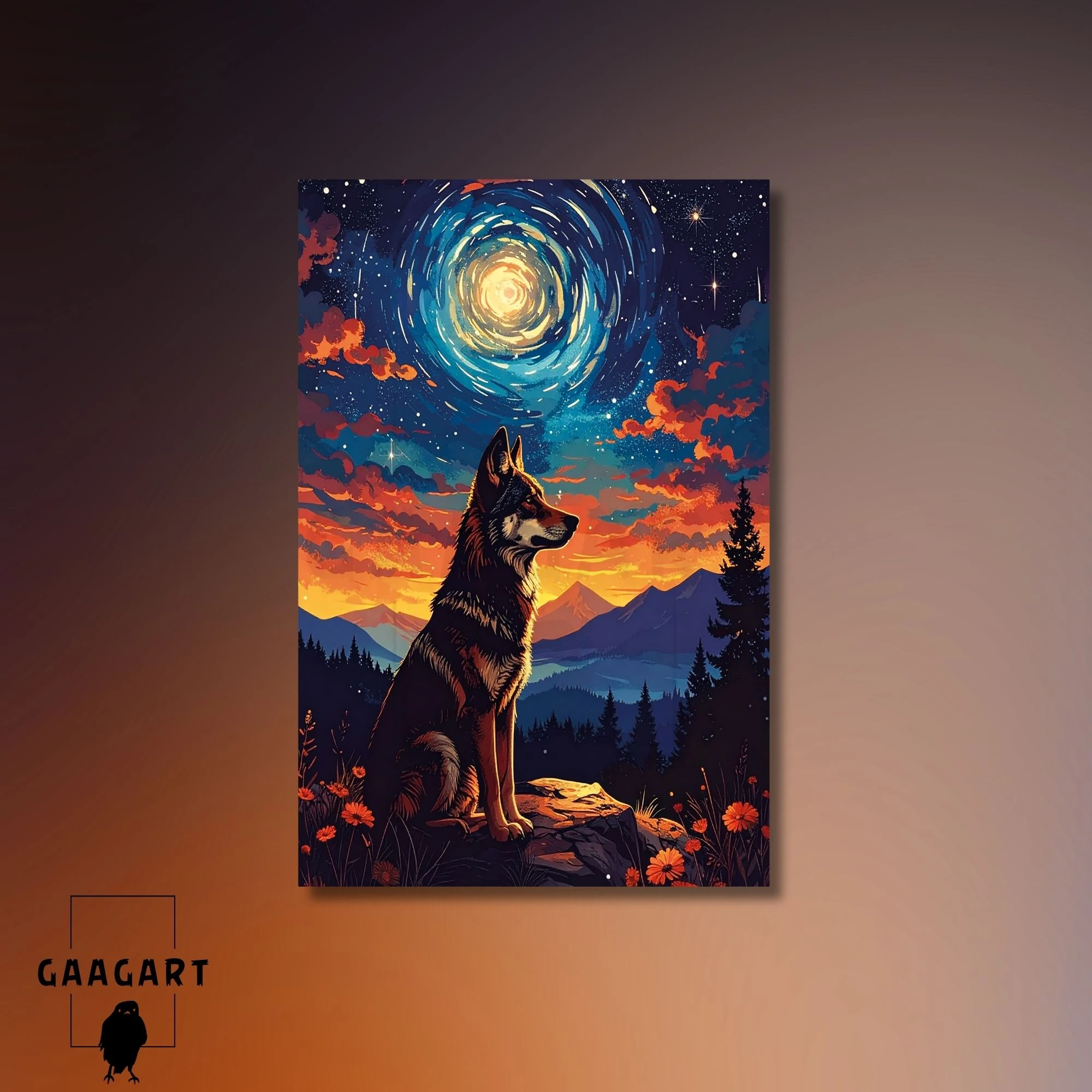 Tekli Dikey Kanvas Tablo Çiçekli Manzara ve Kurt