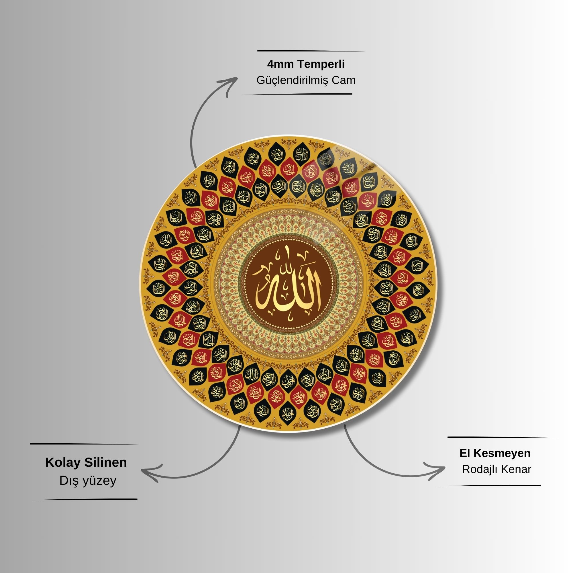 Yuvarlak Temperli Gerçek Cam Dini Tablo Renkli Esmâü'l Hüsna