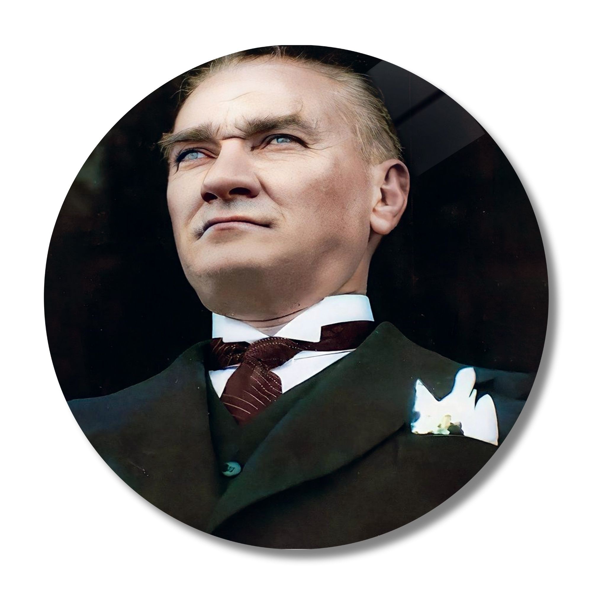 Yuvarlak Temperli Gerçek Cam Tablo Mavi Gözlü Atatürk