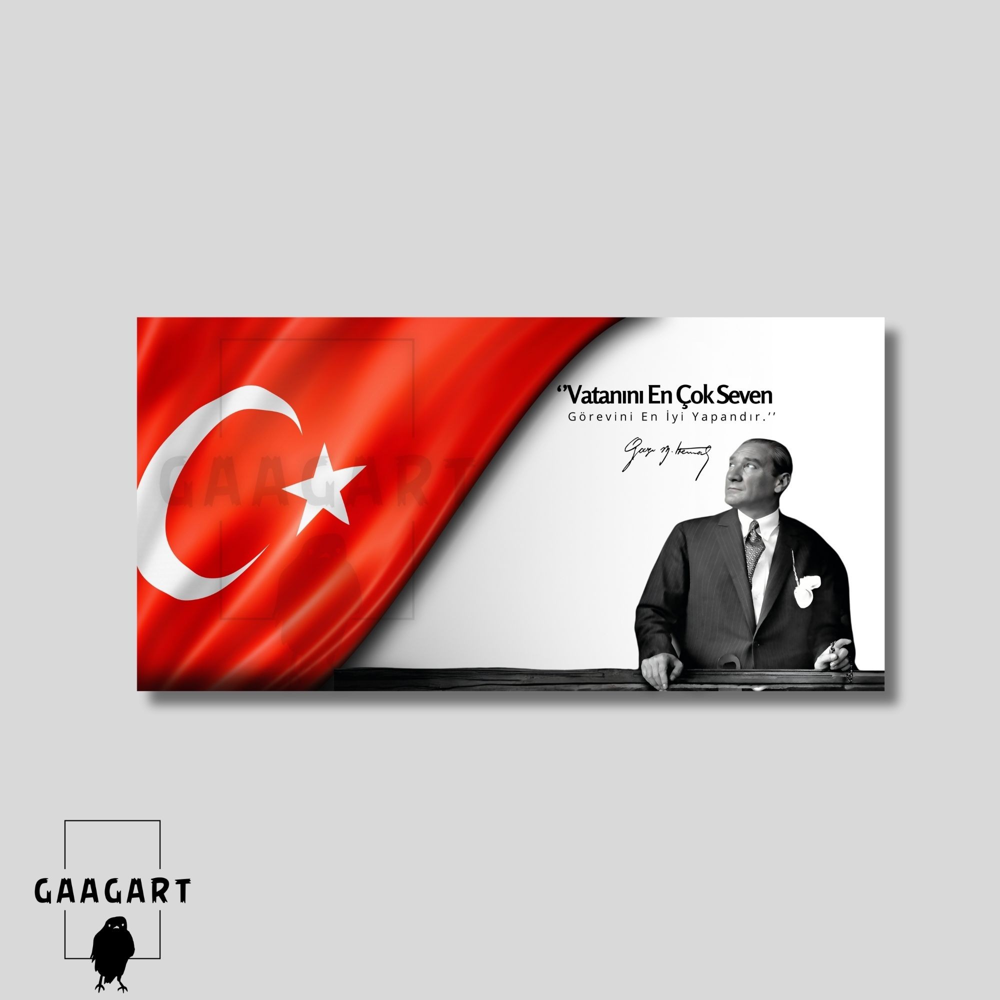 Panoramik Kanvas Makam Panosu Atatürk ve Bayrak ‘’Vatanını En Çok Seven Görevini En İyi Yapandır.’’