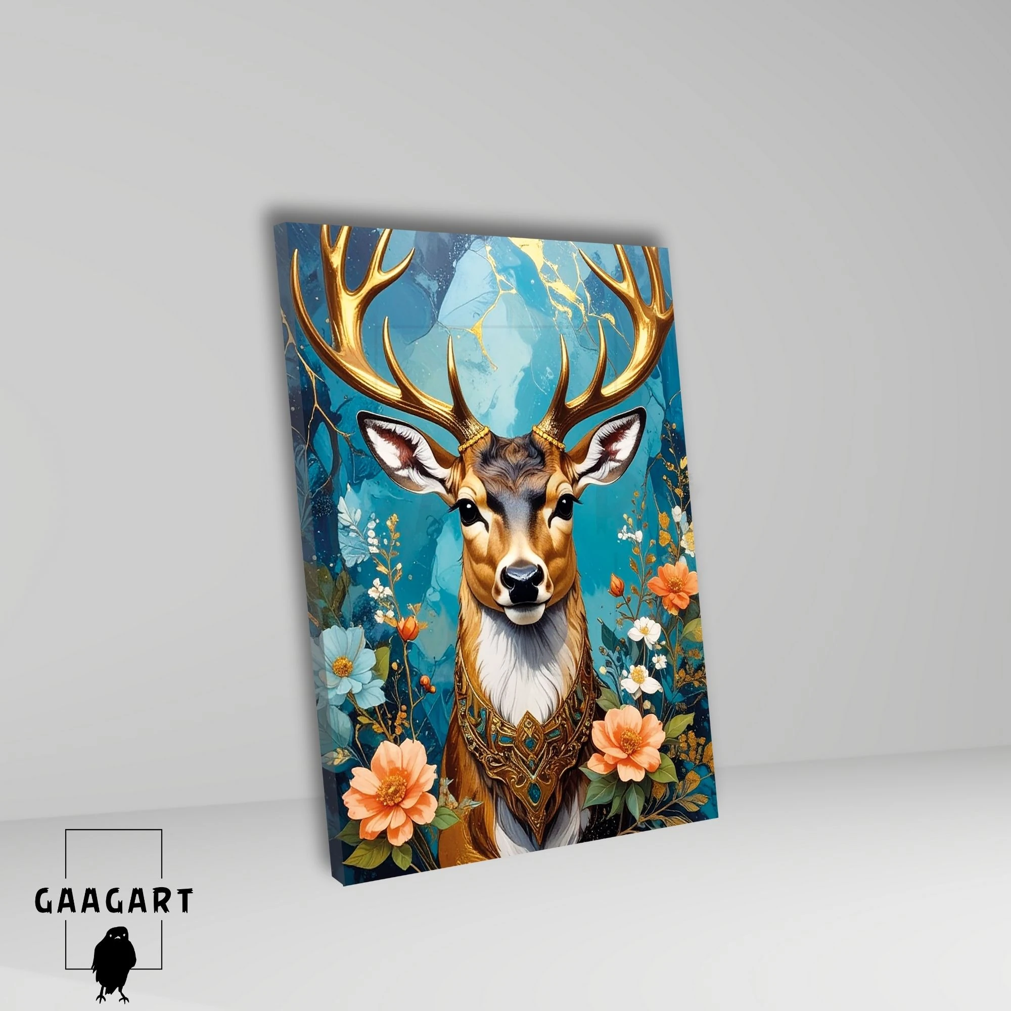 Tekli Dikey Kanvas Tablo Çiçekler Mavi Fon Ve Geyik Portresi