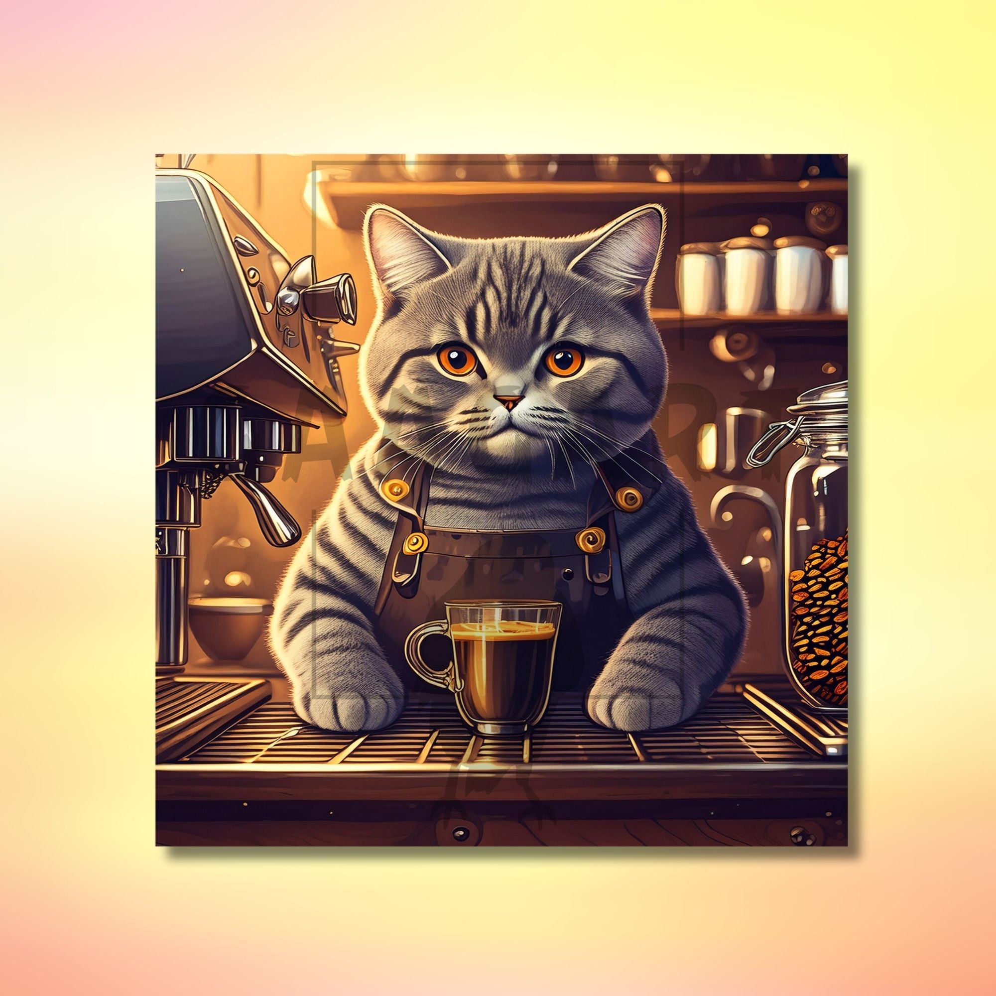 Kare Kanvas Kahve Köşesi Cafe Tablosu Barista British Shorthair