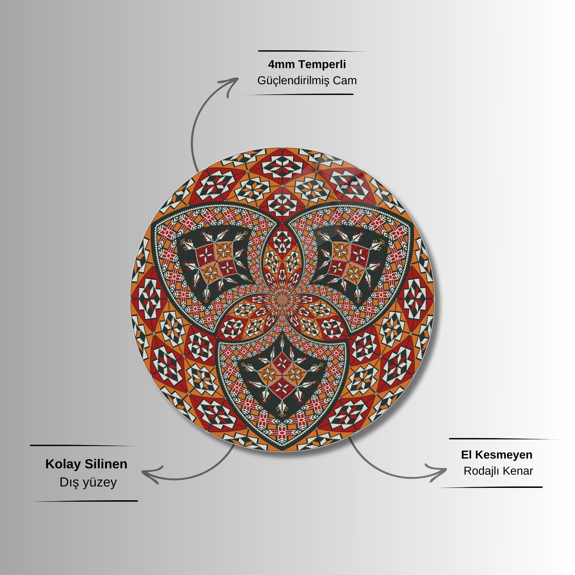 Yuvarlak Temperli Gerçek Cam Tablo Çizgisel Mandala Tasarımı