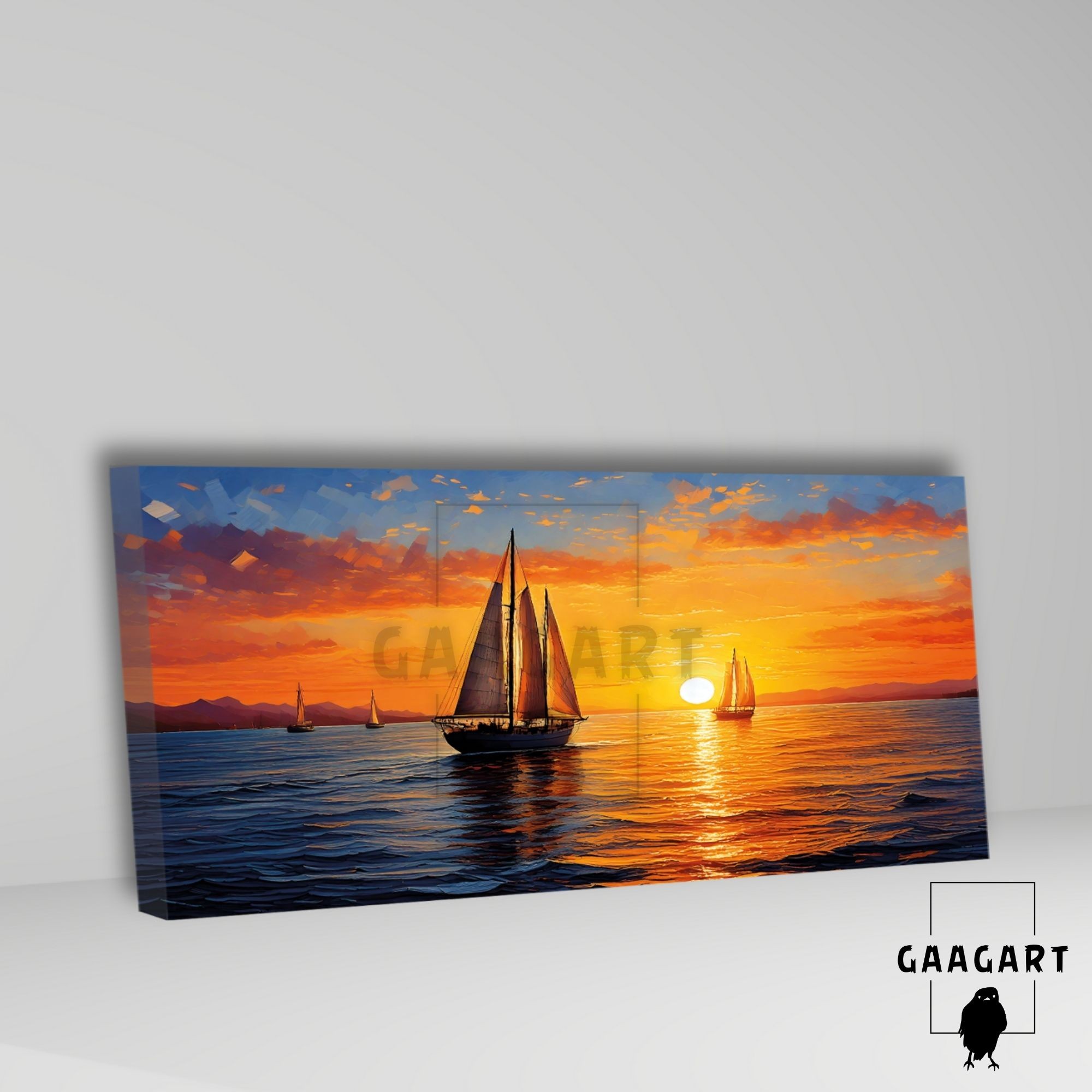 Panoramik Kanvas Duvar Tablosu Soyut Yağlı Boya Görünümlü Sunset Yelkenliler