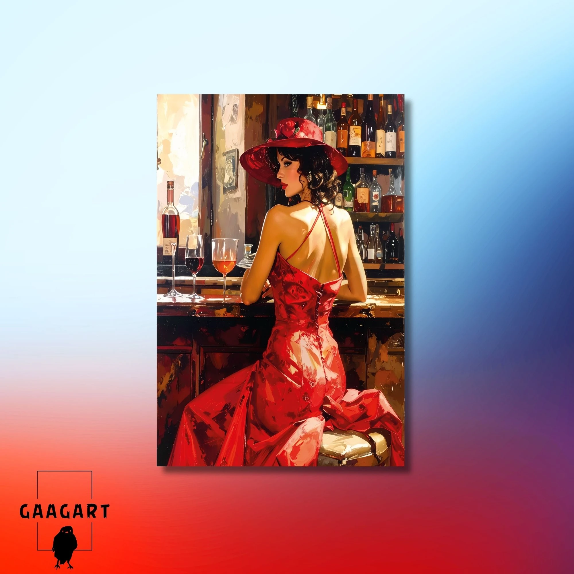 Tekli Dikey Kanvas Tablo Yağlı Boya Görünümlü Barda Kadın