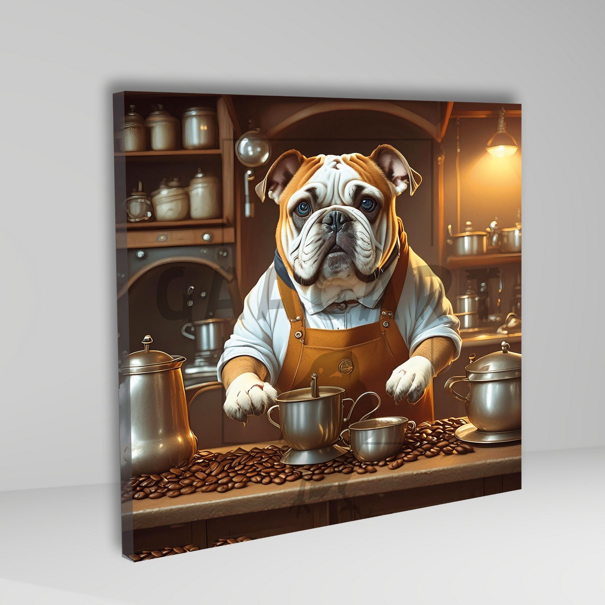 Kare Kanvas Kahve Köşesi Cafe Tablosu Barista Bulldog Köpek