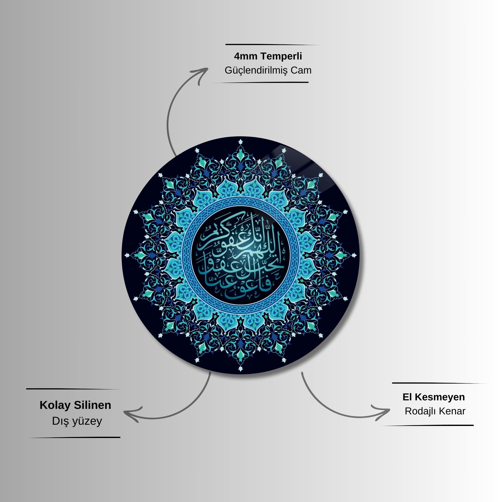 Yuvarlak Temperli Gerçek Cam Dini Tablo Ramazan Duası Tasarımı